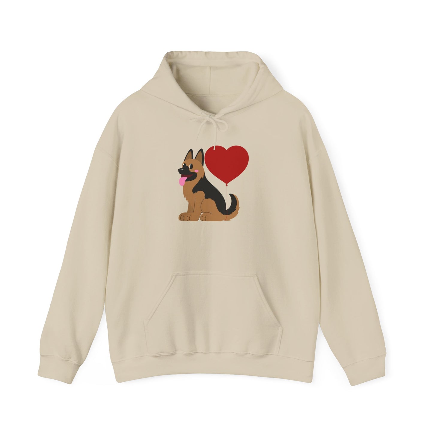 Unisex Dog Lover Hoodie With a Graphic of German Shepherd Puppy and Heart Shaped Balloon Attached With Tail