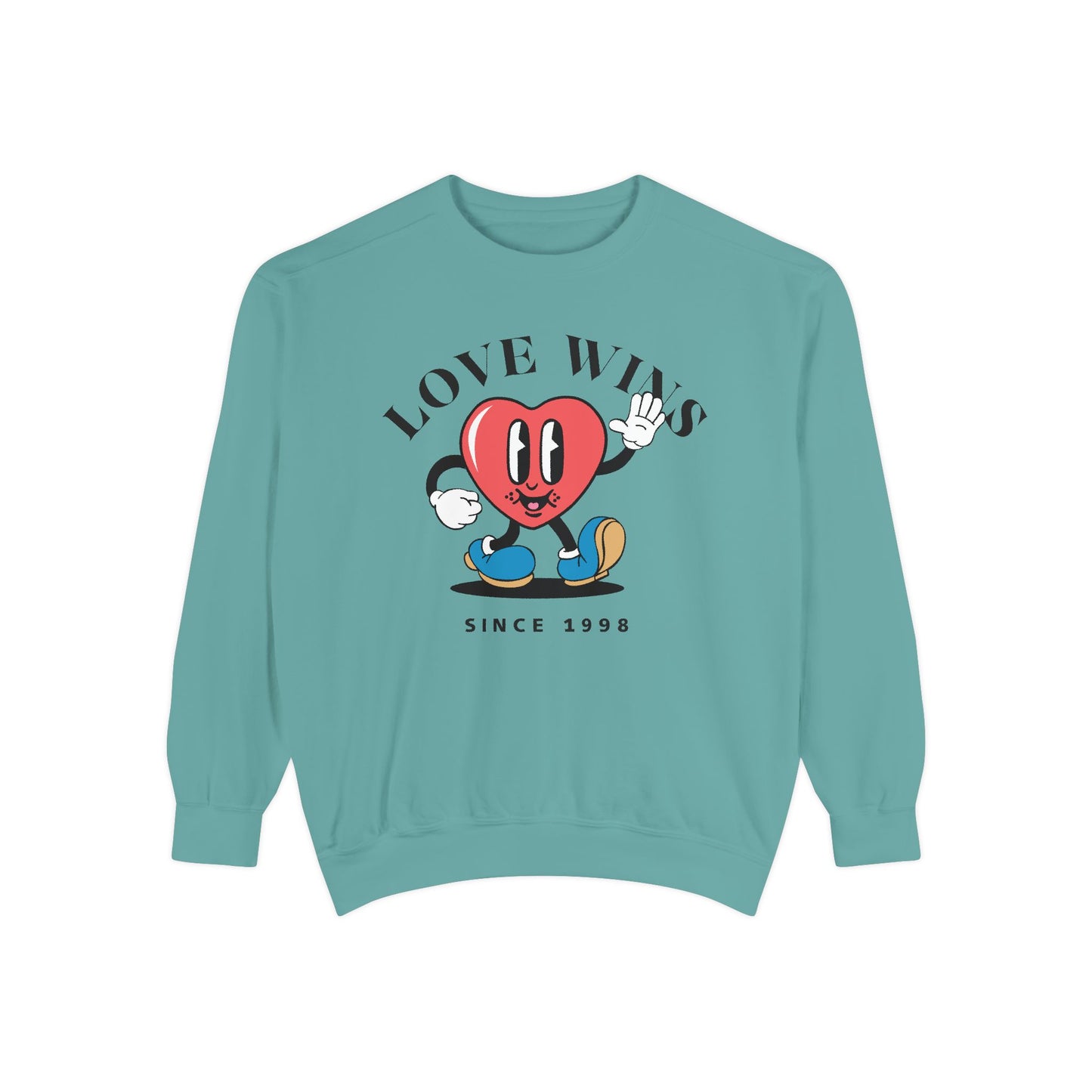 Unisex Valentine's Day Vintage Sweatshirt With a Heart Character and Caption Love Wins