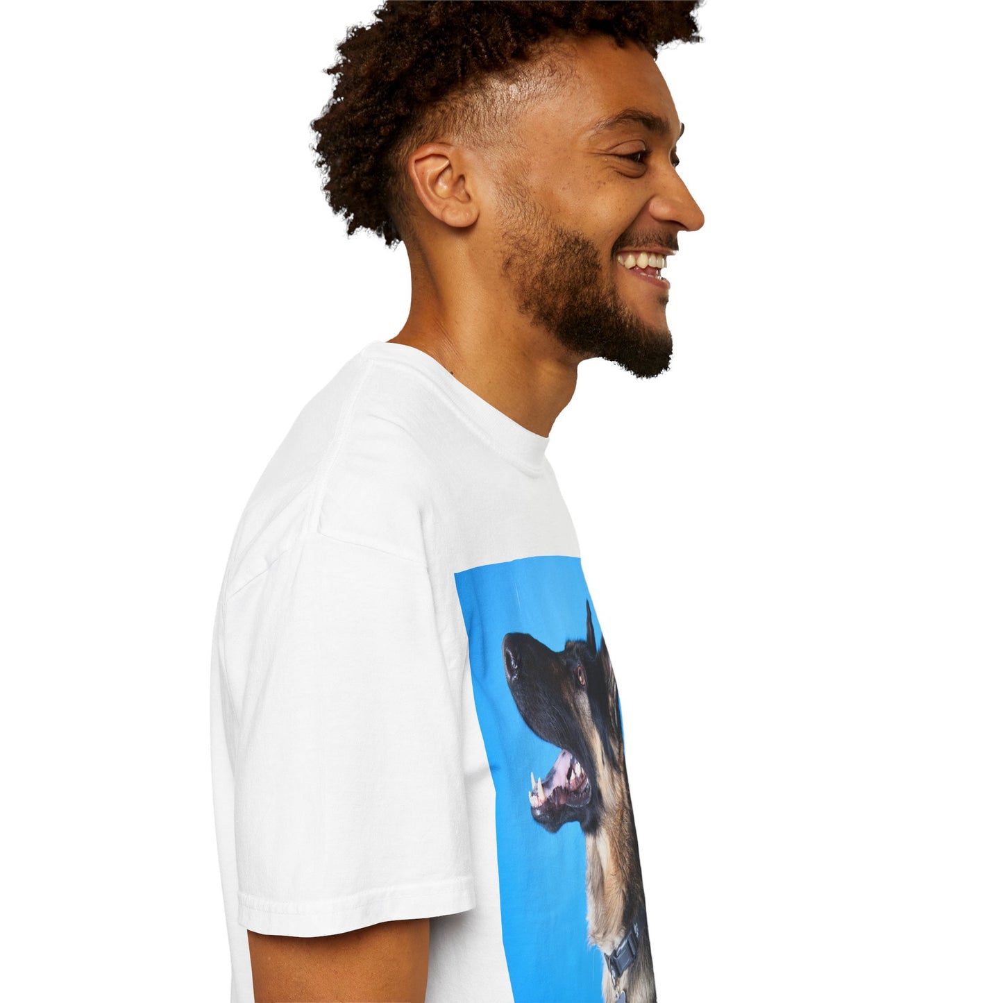 Unisex Dog Lover T-Shirt With Close Up Portrait of German Shepherd from Side Angle, Having Blue Background and Caption Selfless Beings