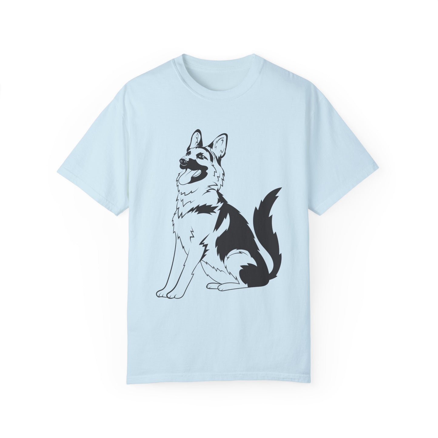 Unisex Dog Lover T-Shirt With a Graphic of Black and Transparent German Shepherd Sloppily Sitting