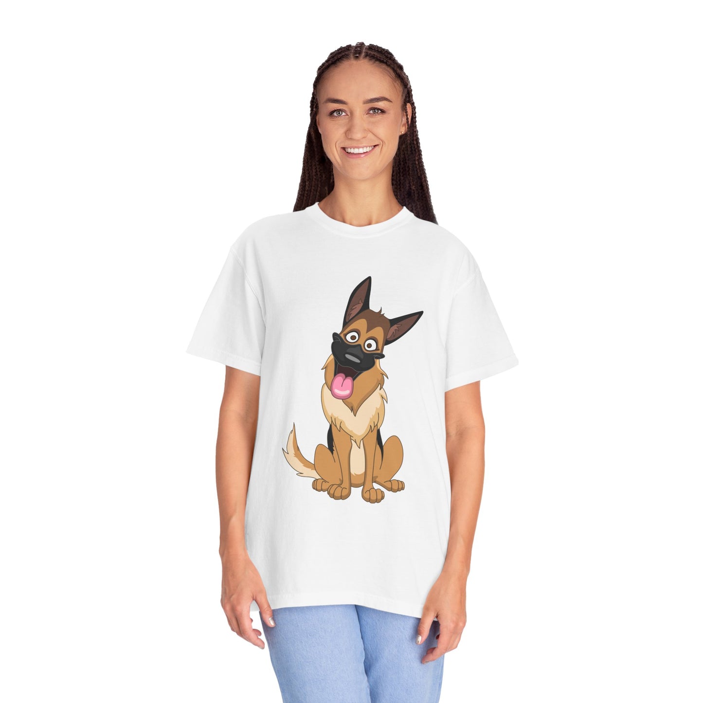Unisex Dog Lover T-Shirt With Funny Cartoon of Tan Color German Shepherd
