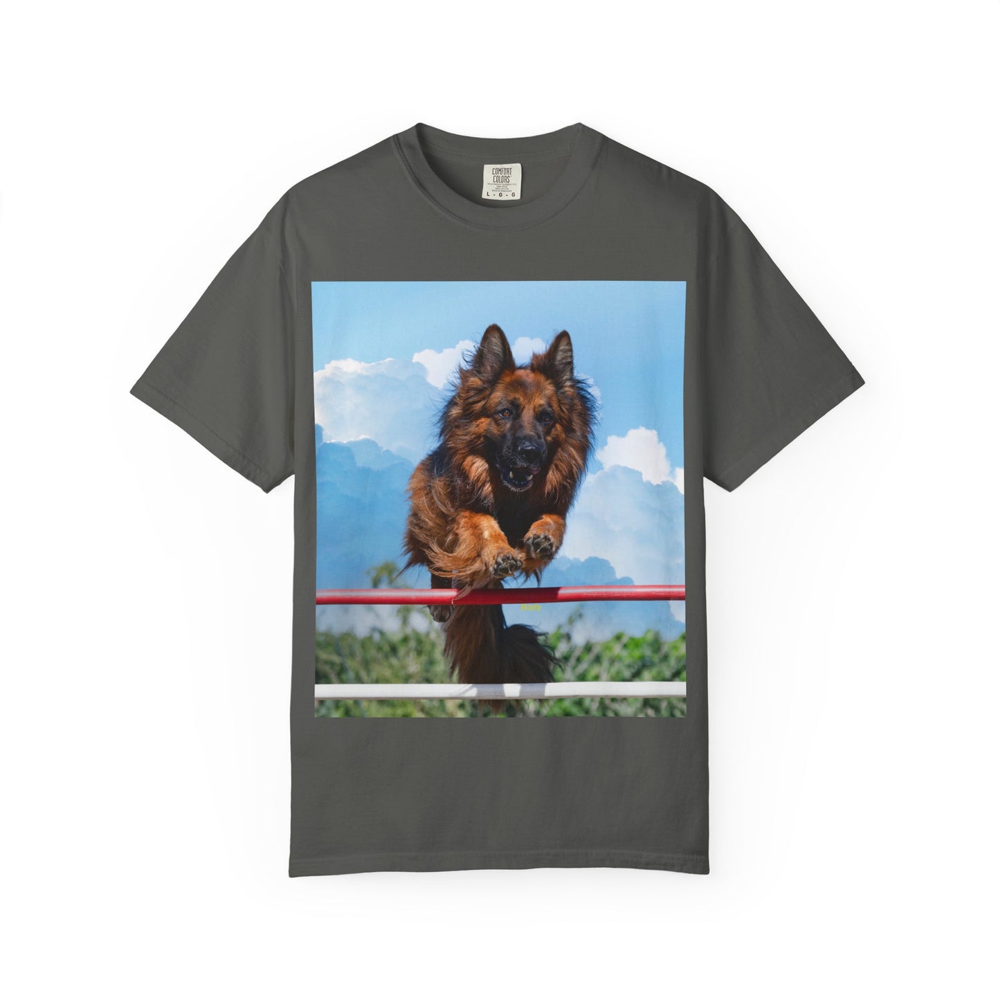 Unisex Dog Lovers T-Shirt Featuring a German Shepherd Jumping An Agility Fence