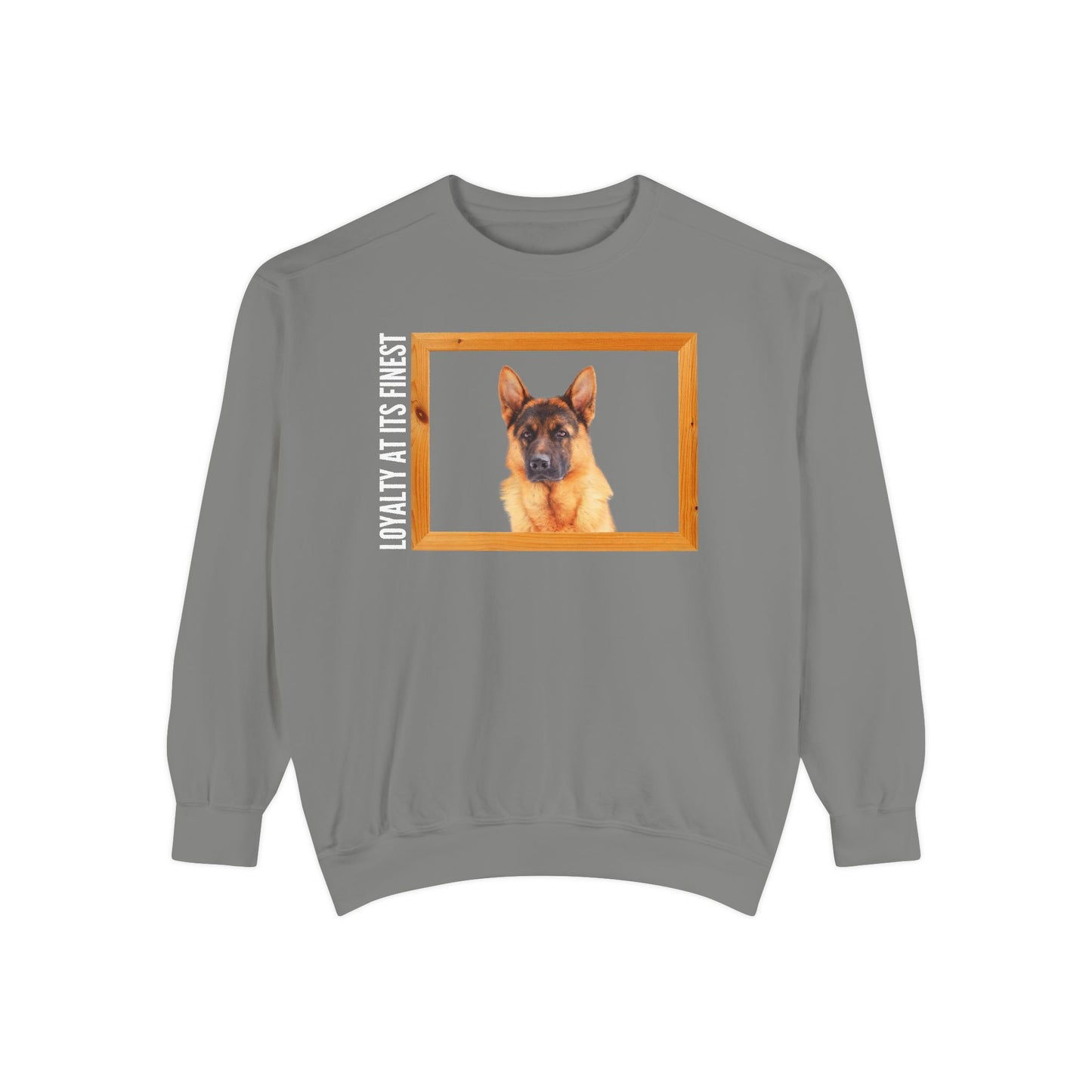 Unisex Dog Lover Sweatshirt With a German Shepherd's Head Inside a Wooden Frame and Caption Loyalty at Its Finest