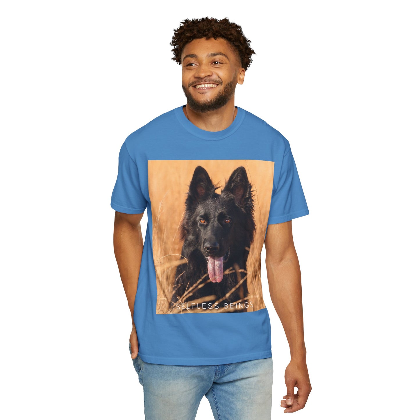 Unisex Dog Lover T-Shirt With Solid Black German Shepherd in the Middle of Long Dry Grass Leaving Tongue and Caption Selfless Beings