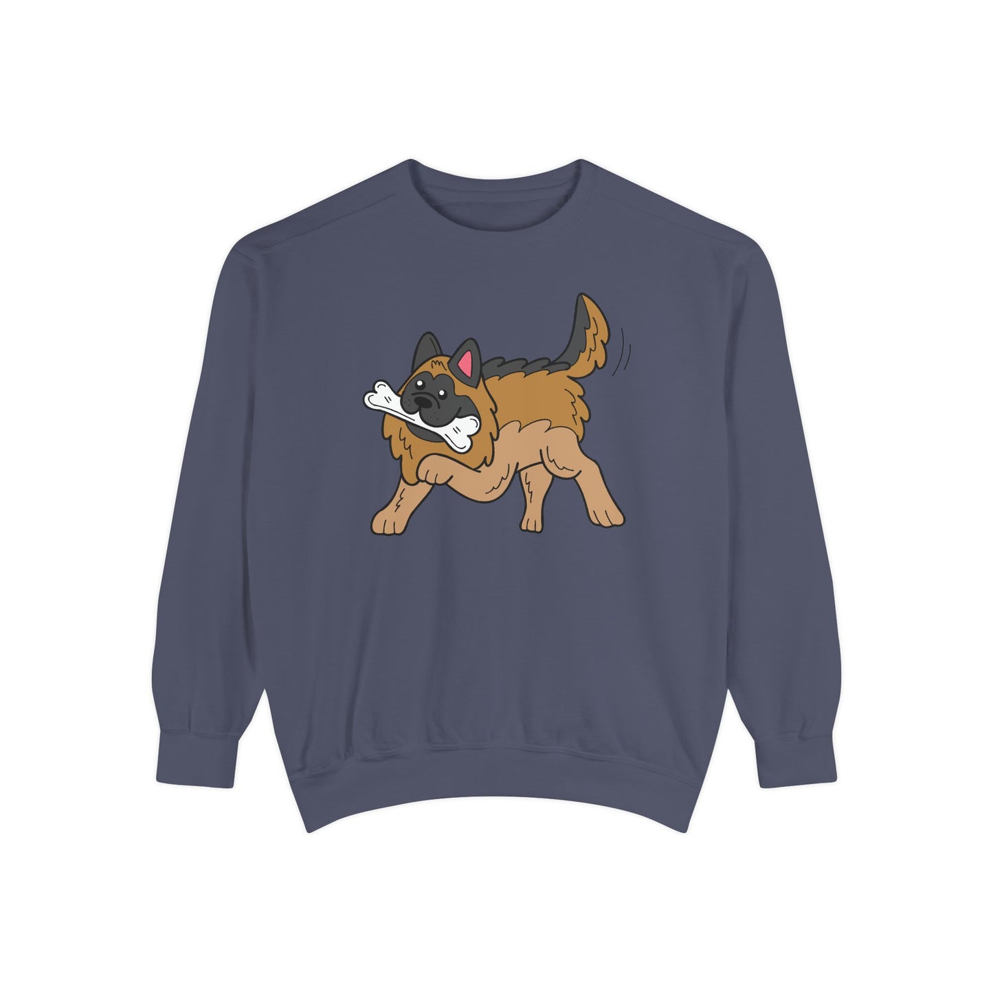 Unisex Dog Lover Sweatshirt With a Graphic of a German Shepherd Holding a White Bone in Mouth
