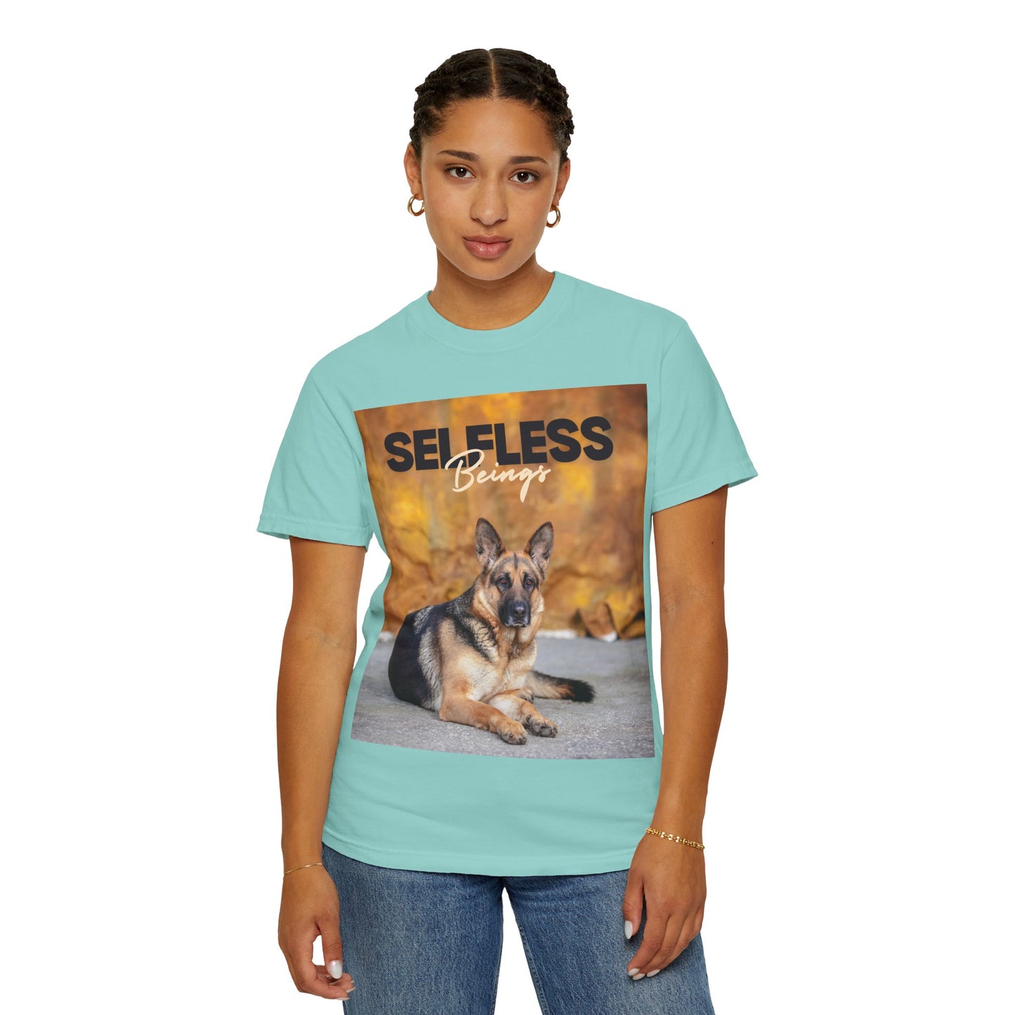 Unisex Dog Lover T-Shirt With Showline German Shepherd Posing for Camera, Autumn Background and Caption Selfless Beings