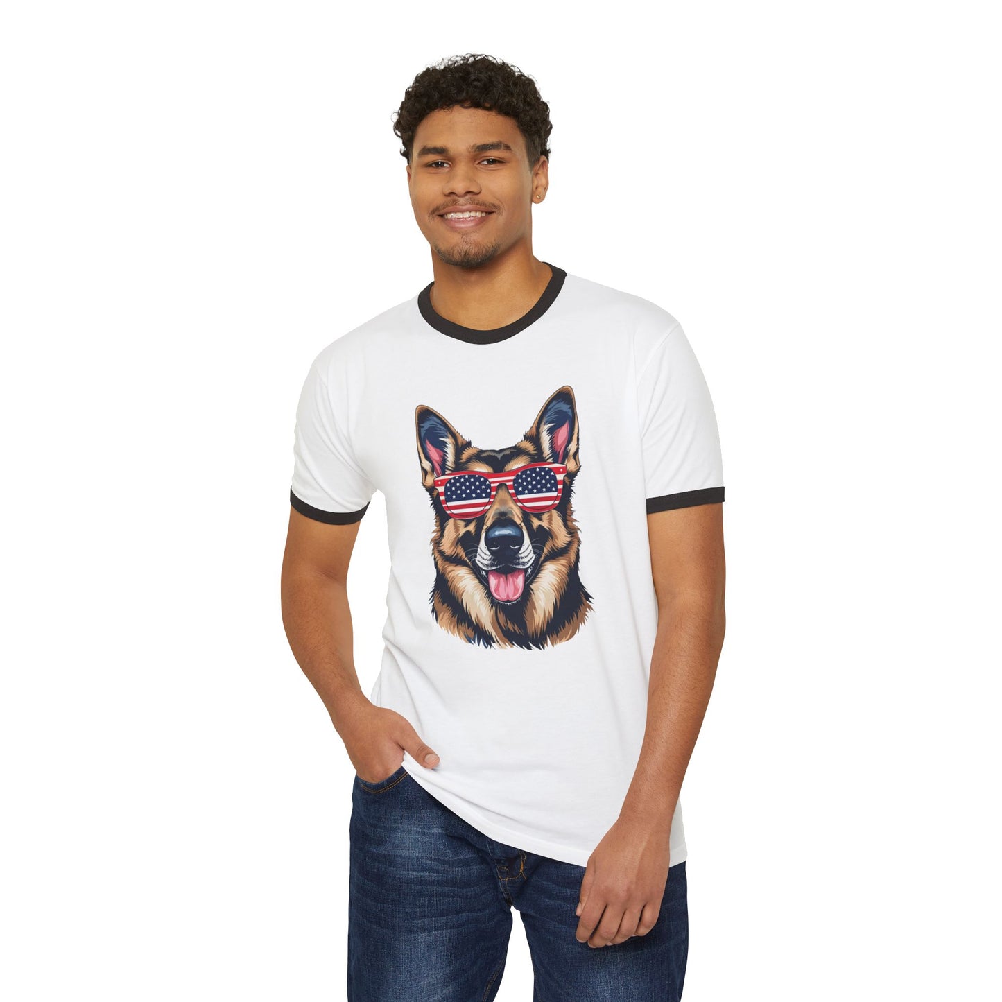 Patriotic Dog Lover German Shepherd Tee - Unisex Cotton Ringer T-Shirt with American Flag Sunglasses, Pet Owner Gift, 4th of July Apparel, Fun Summer