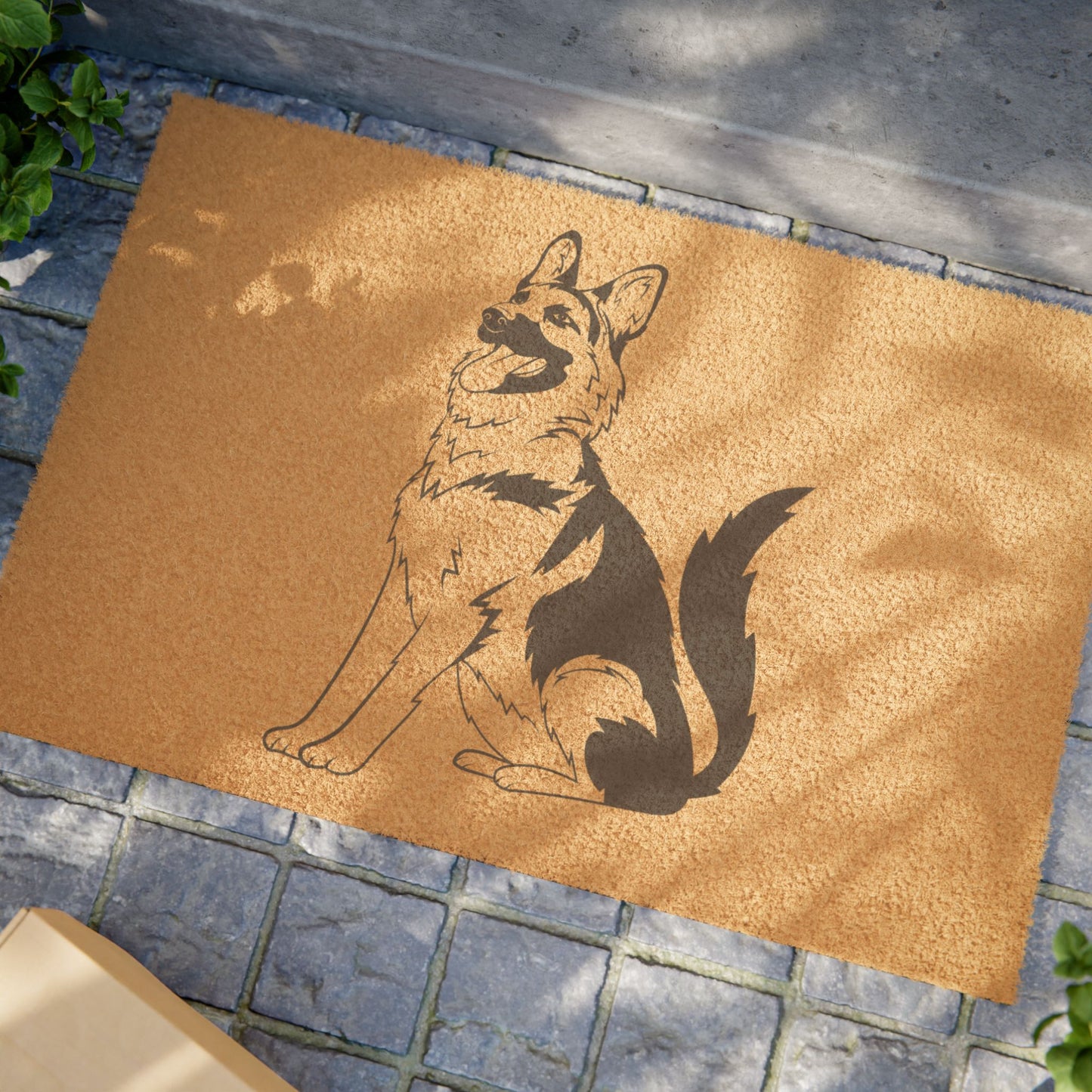 Doormat Featuring a Graphic of Funny German Shepherd Sloppily Sitting Looking Upward