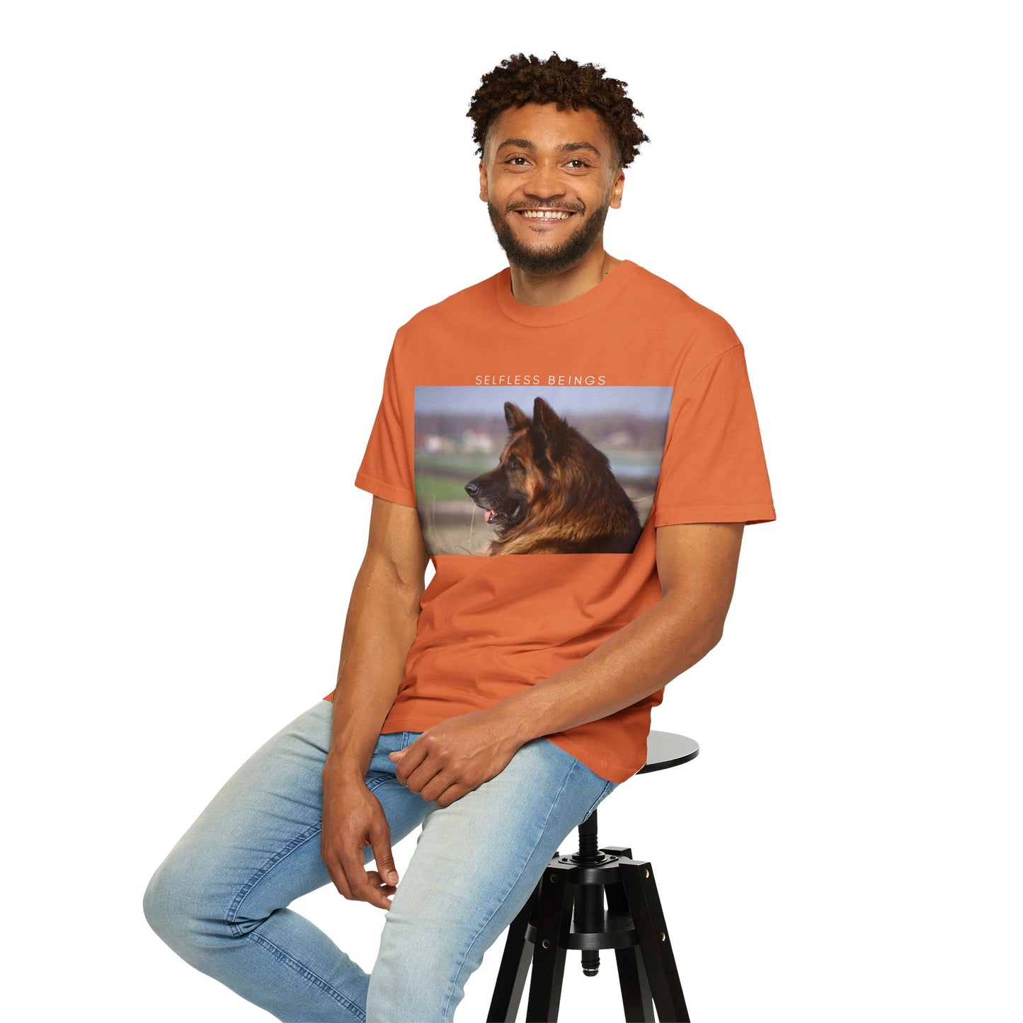 Unisex Dog Lover T-Shirt With Giant Long Coat German Shepherd Looking Straight and Caption Selfless Beings