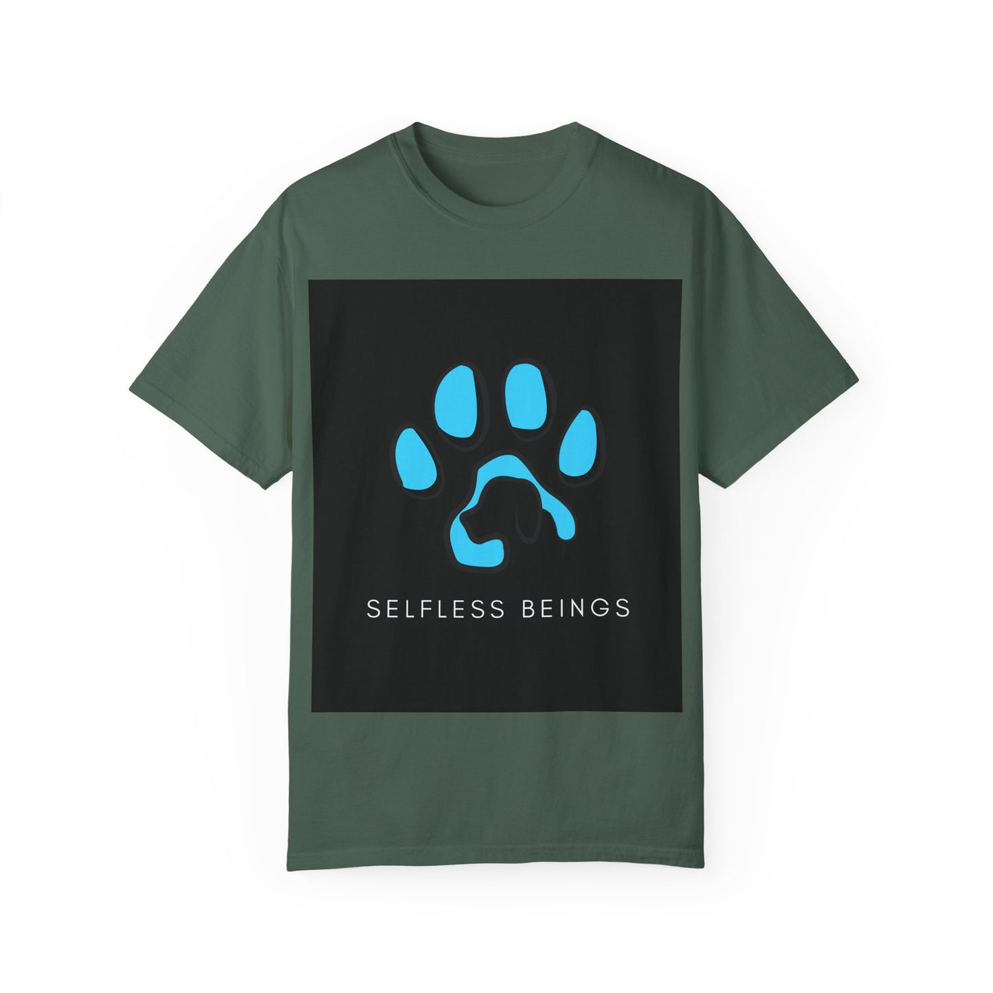 Unisex Dog Lover T-Shirt With Graphic of Blue Colored Dog Paw's Print Whose Metacarpal Contains a Design of Black Dog and Caption Selfless Beings Below
