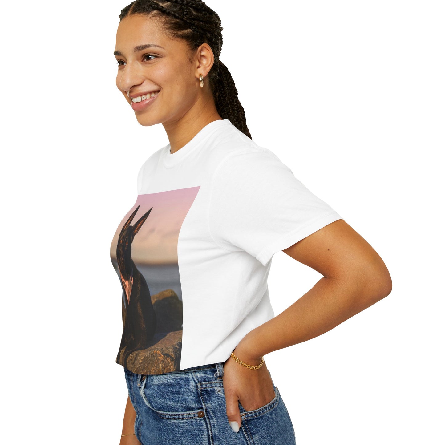 Unisex Dog Lover T-shirt With Solid Black German Shepherd Wearing a Romal Sitting on the Seaside Rocks and Caption Selfless Beings