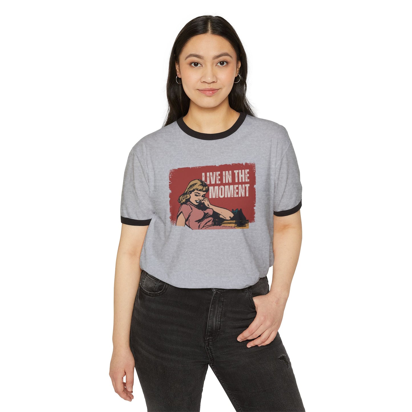 Live in the Moment Unisex Cotton Ringer T-Shirt, Retro Graphic Tee, Casual Wear, Gift for Her, Motivational Trendy Top