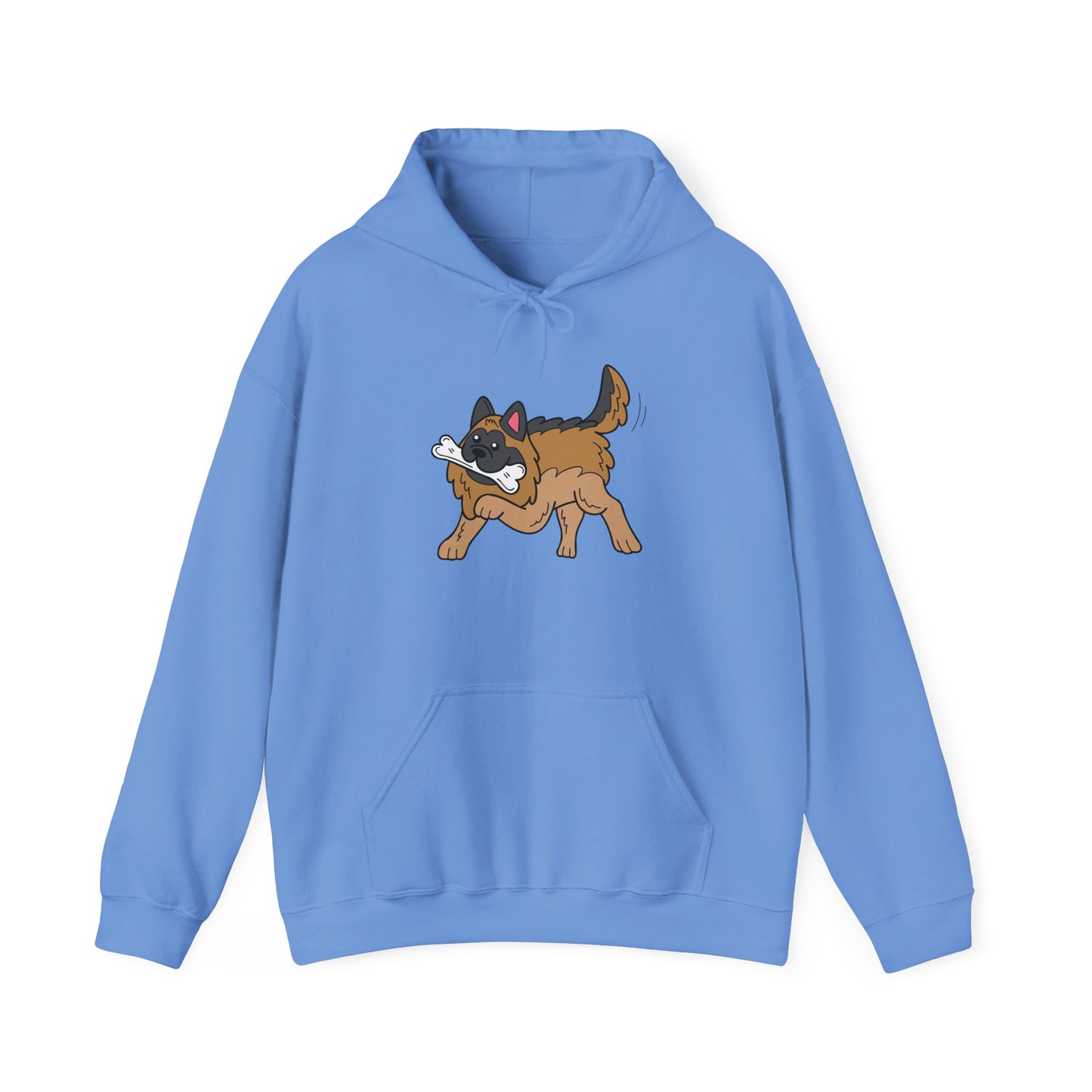Unisex Dog Lover Hoodie With a Graphic of a German Shepherd Holding a White Bone in Mouth
