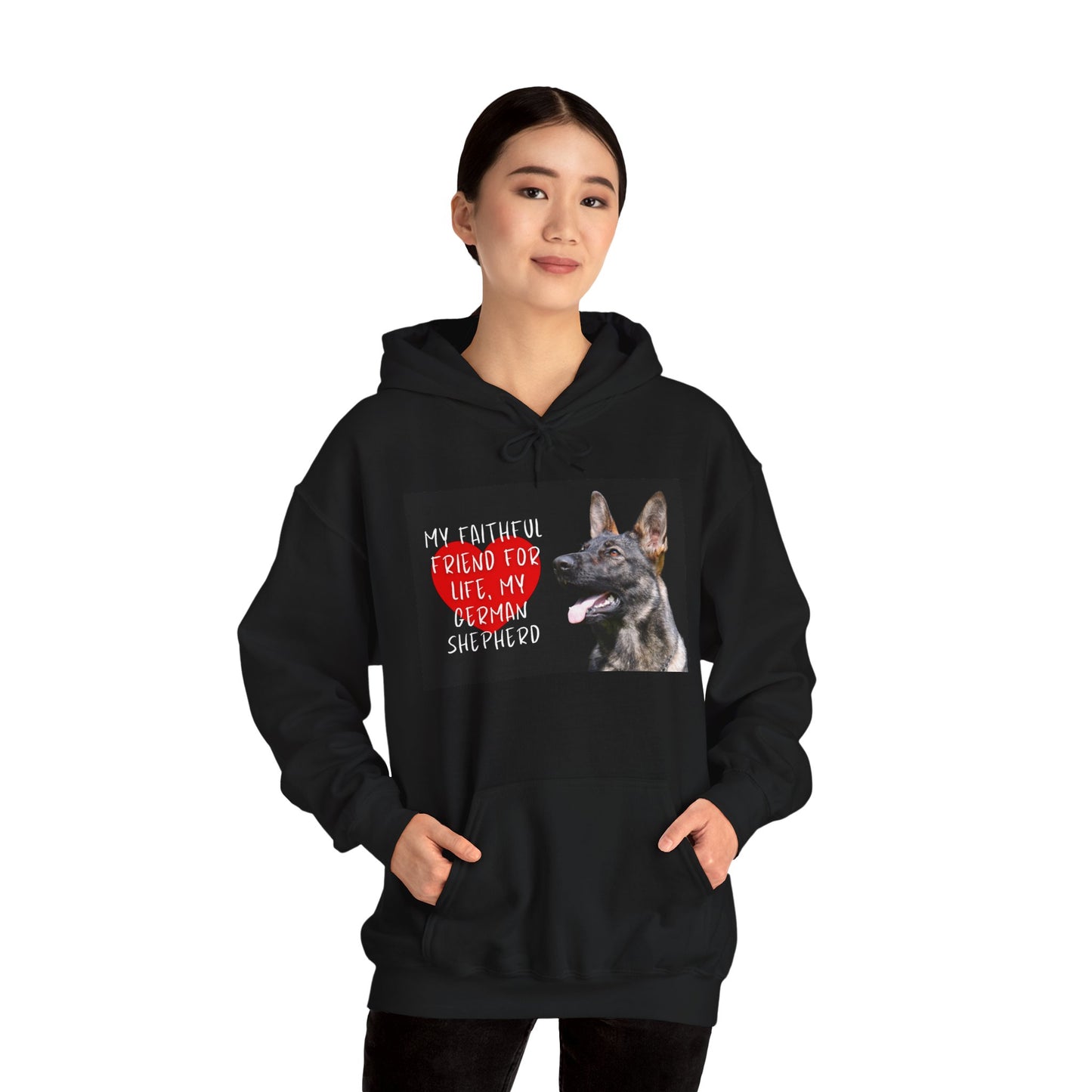 Unisex Dog Lover Hoodie With a Working Line German Shepherd and Caption Faithful Friend on Top of Red Heart