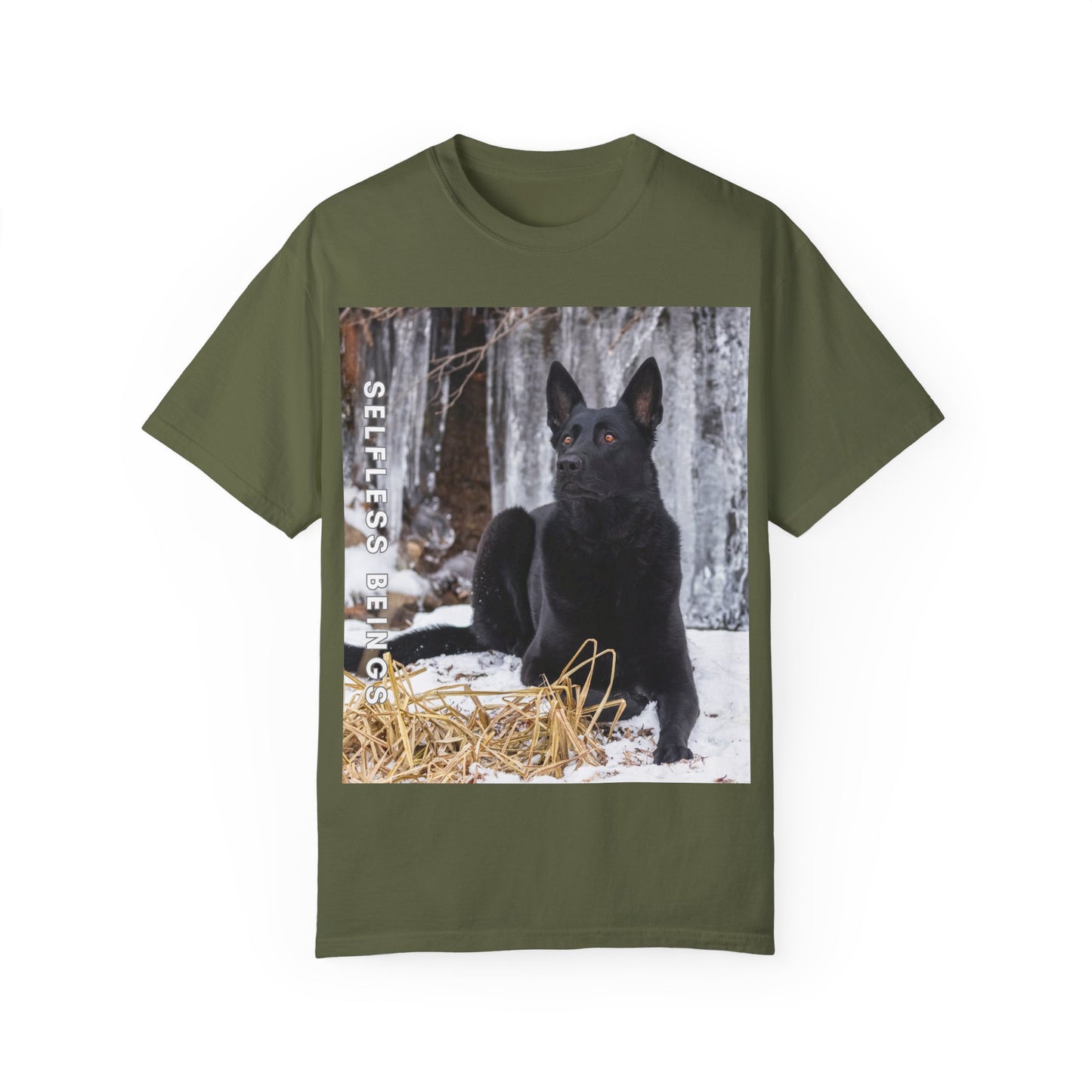 Unisex Dog Lover T-Shirt With Solid Black German Shepherd Sitting on the Snow, Ice Spikes in the Background and Caption Selfless Beings