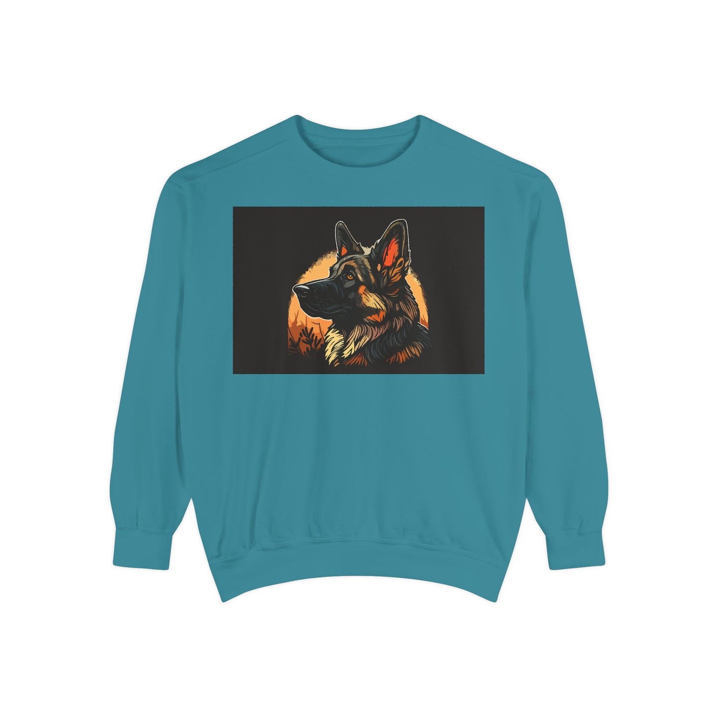 Unisex Dog Lover Sweatshirt With a Close Up Graphic of a German Shepherd In Front of Moon