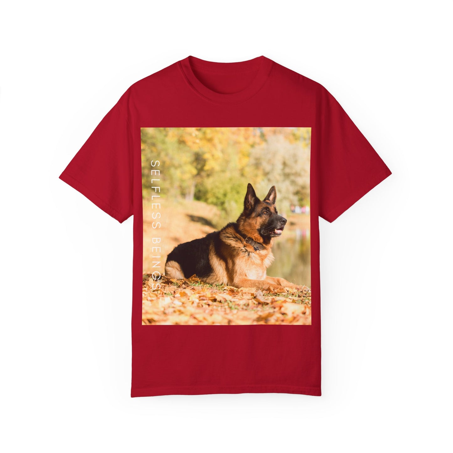 Unisex Dog Lover T-Shirt With a German Shepherd Resting in the Autumn Park on Leaves Near a Pond and Caption Selfless Beings