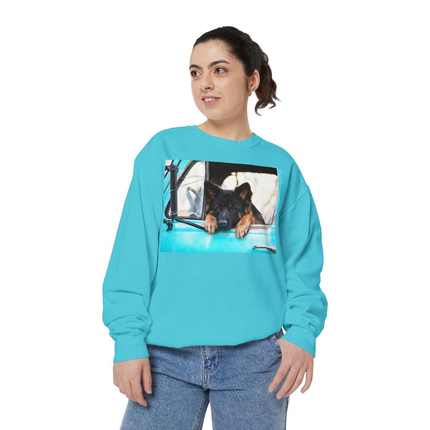 Unisex Dog Lover Sweatshirt With a German Shepherd Puppy Putting His Head and Front Legs On The Truck Seat's Window