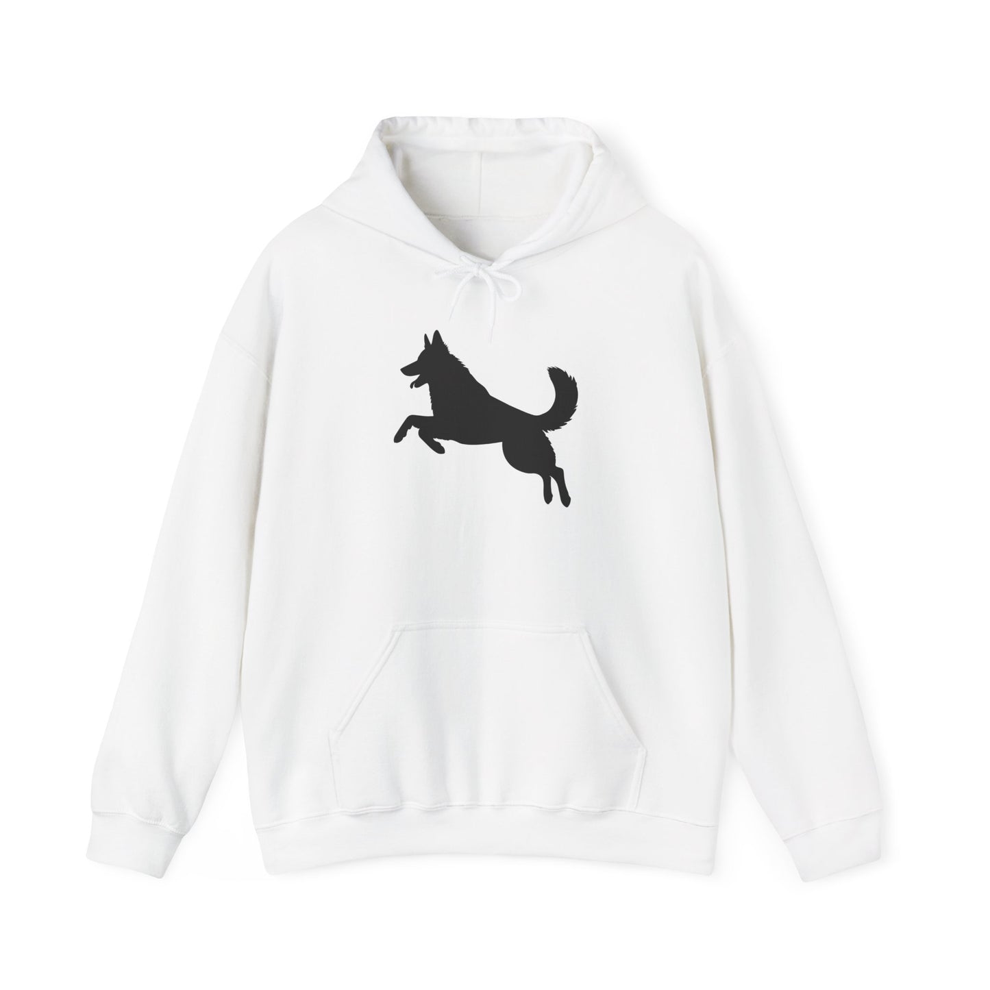 Unisex Dog Lover Hoodie With a Graphic of Solid Black German Shepherd Jumping in the Air
