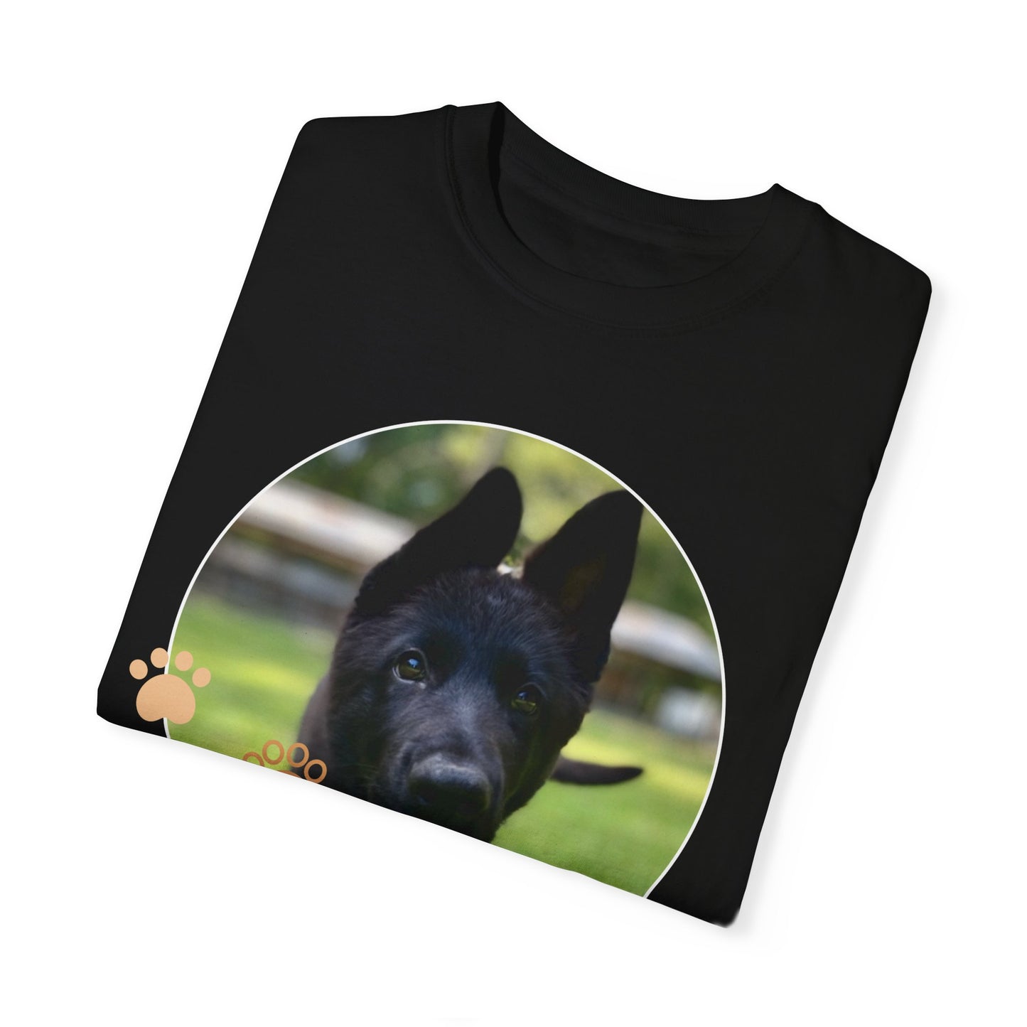 Unisex Dog Lover T-Shirt With Black German Shepherd Puppy Walking on Grass Leaving Tongue Out and Paw Icons