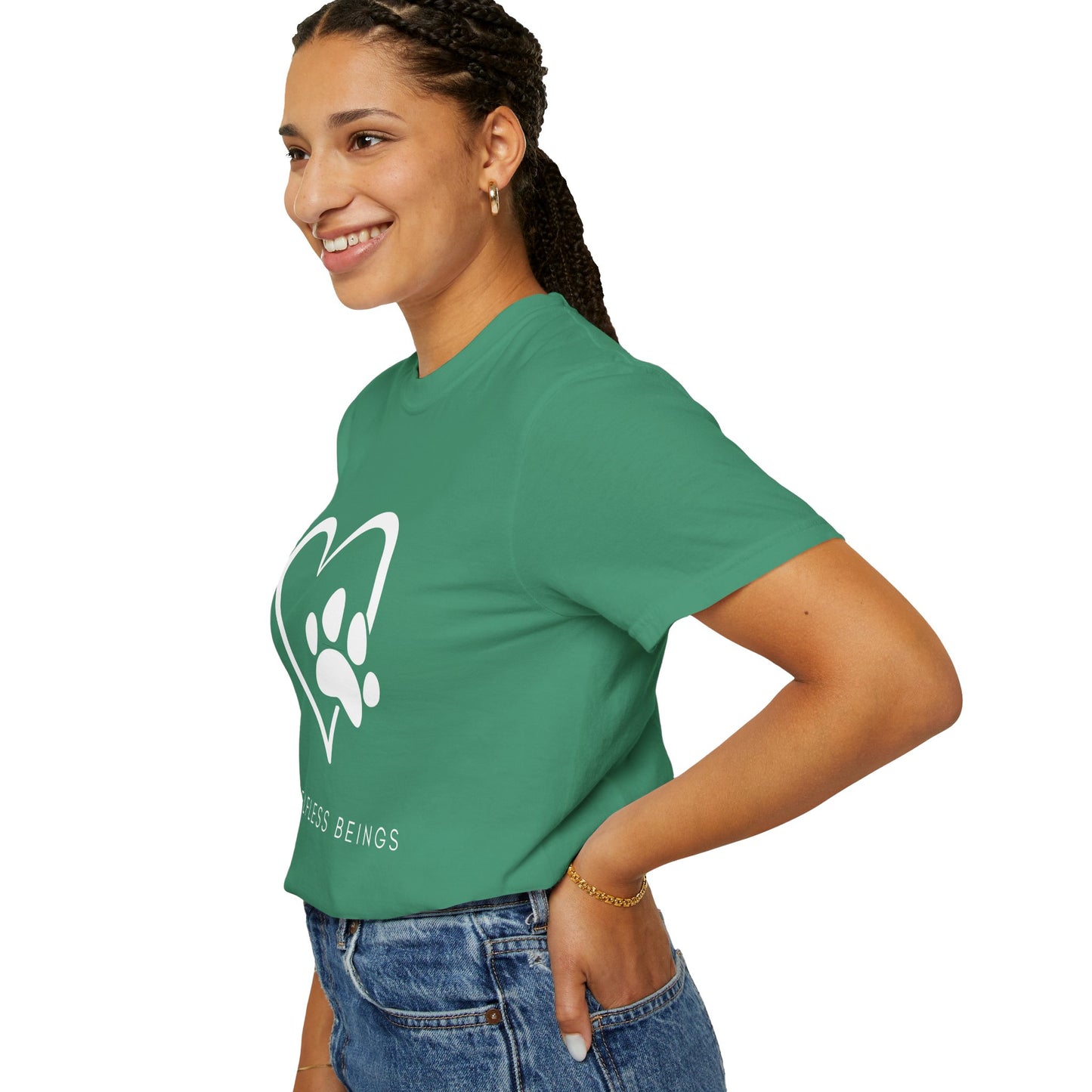 Unisex Dog Lover T-Shirt With Graphic of Heart Whose Right Side Contains Dog Paw's Print and Caption Selfless Beings