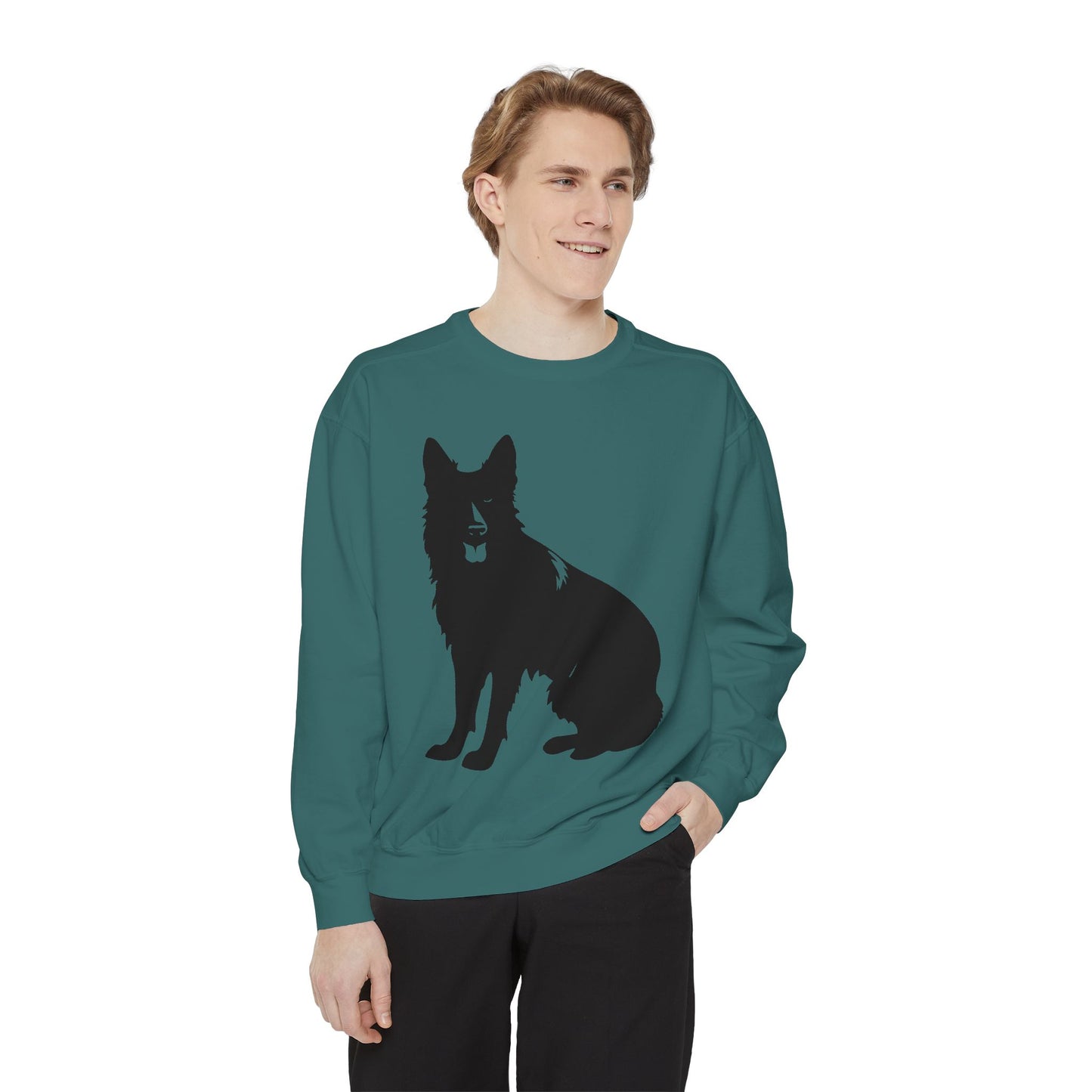 Unisex Dog Lover Sweatshirt With Graphic of Black German Shepherd With Hanging Tongue Sloppily Sitting