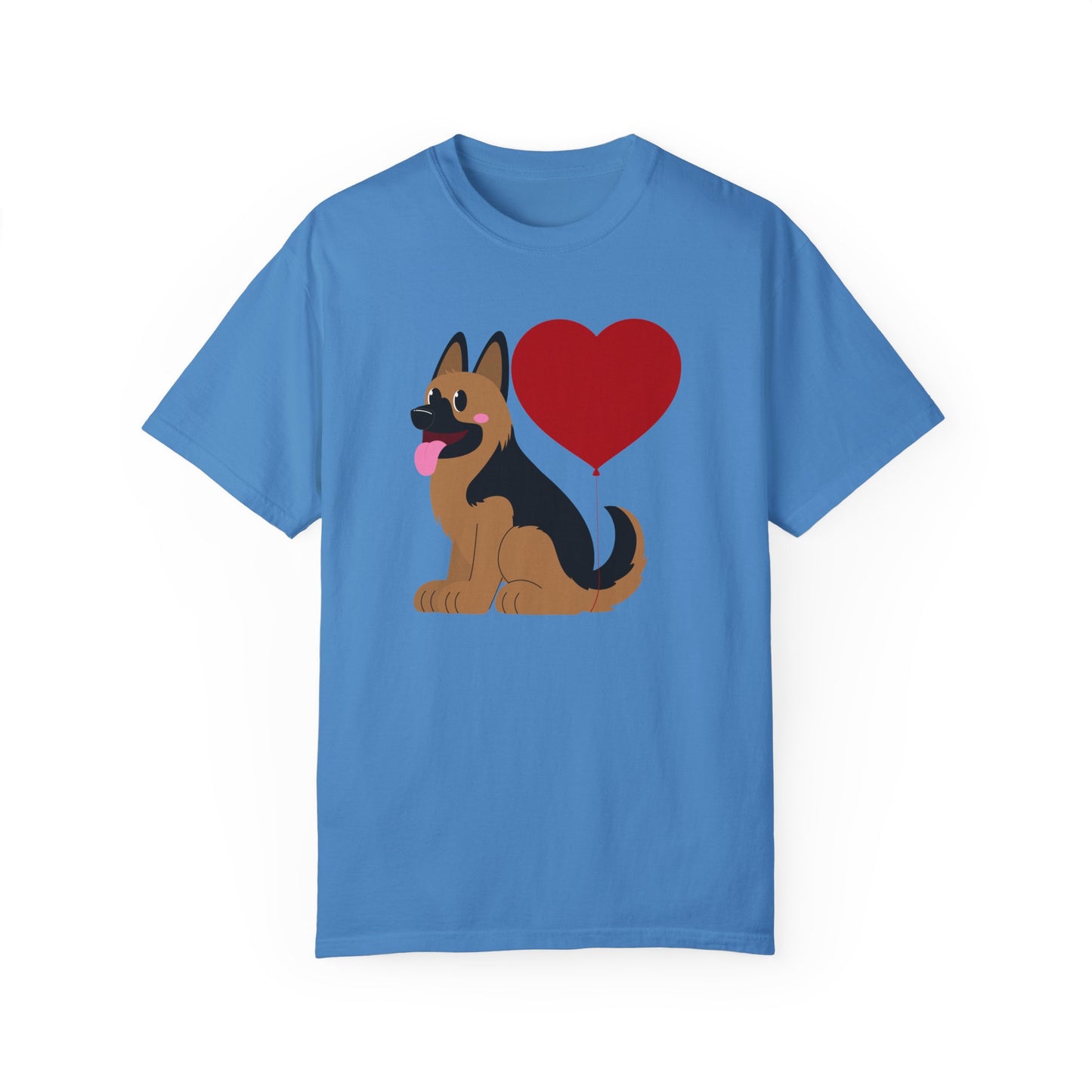Unisex Dog Lover T-Shirt With a Graphic of German Shepherd Puppy and Heart Shaped Balloon Attached With Tail