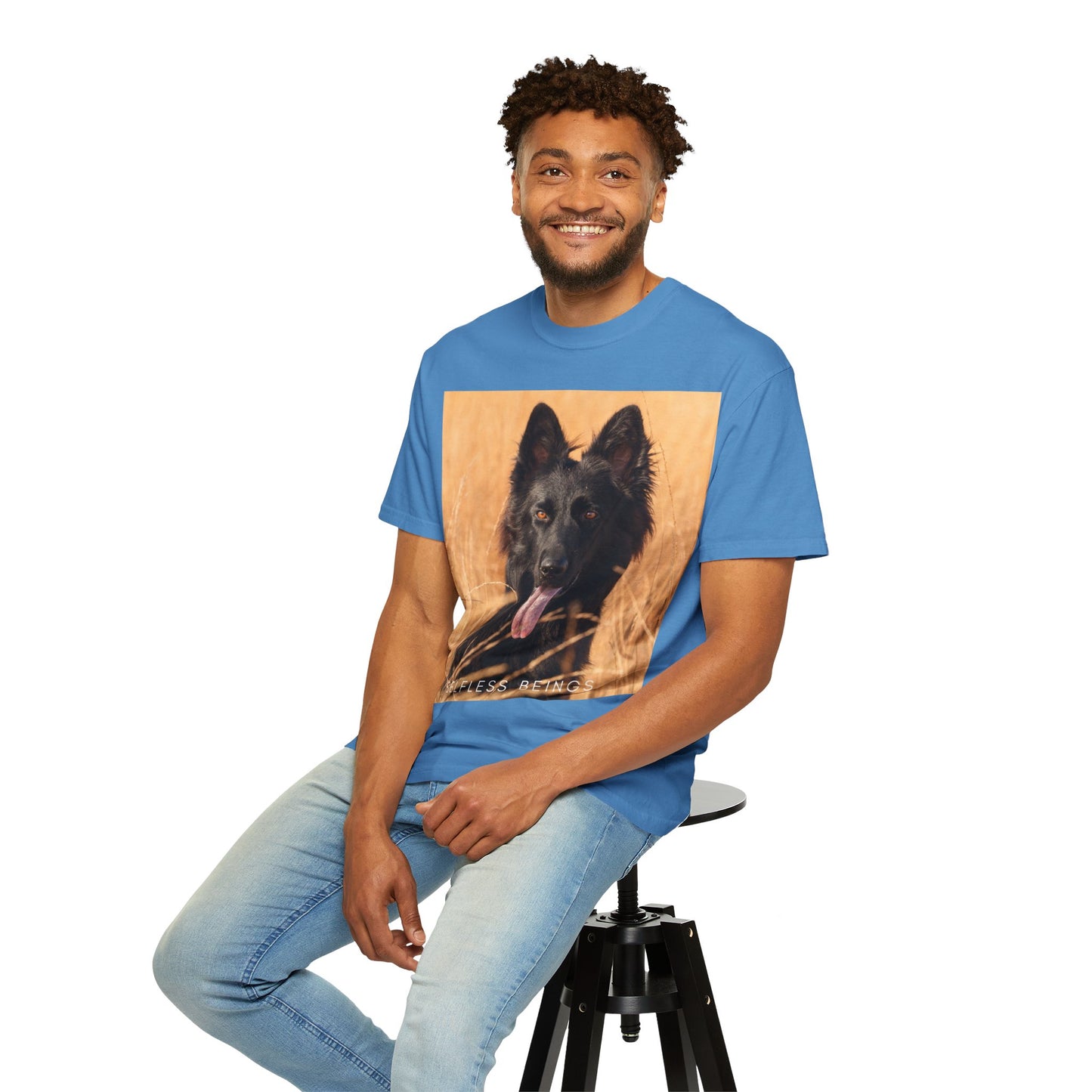 Unisex Dog Lover T-Shirt With Solid Black German Shepherd in the Middle of Long Dry Grass Leaving Tongue and Caption Selfless Beings