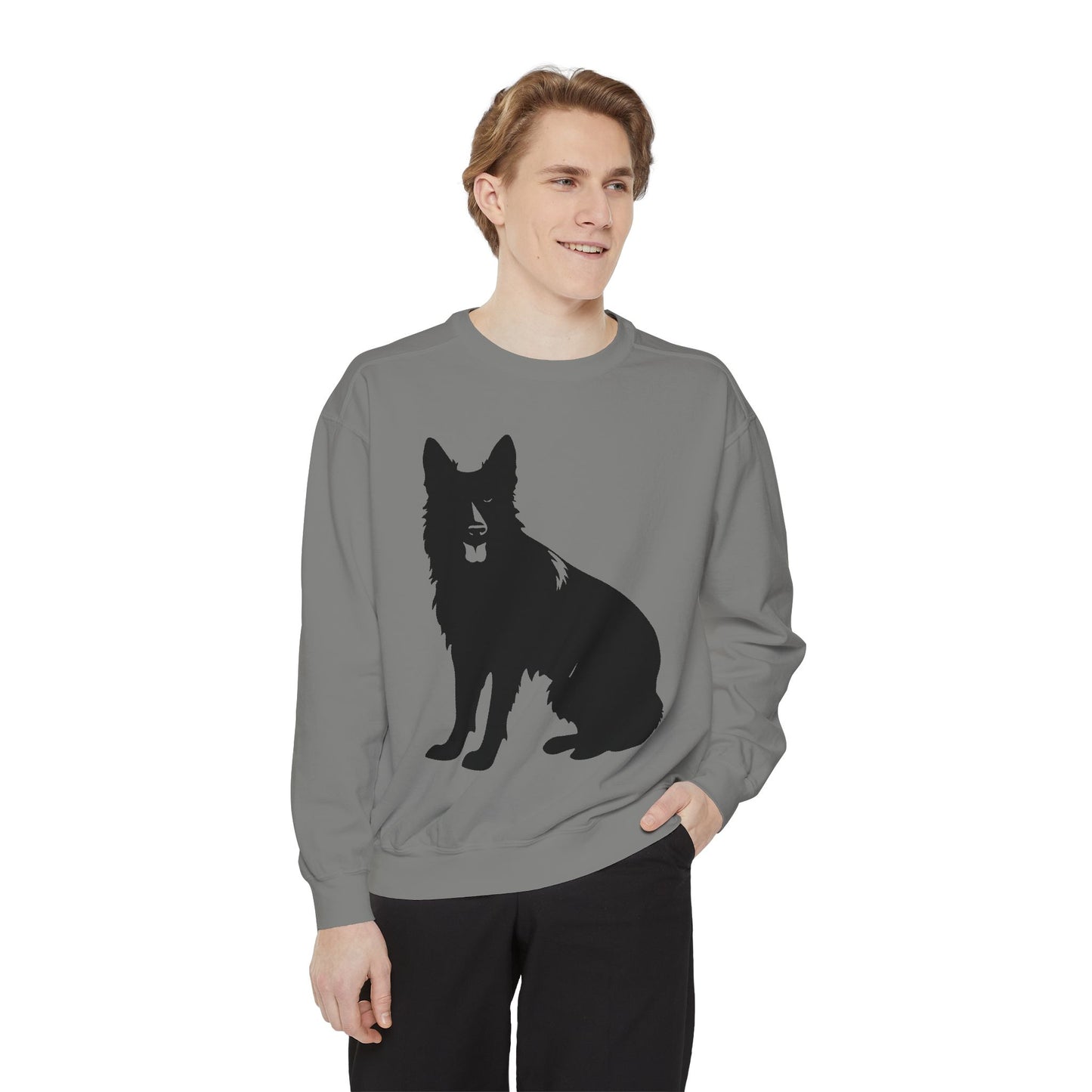 Unisex Dog Lover Sweatshirt With Graphic of Black German Shepherd With Hanging Tongue Sloppily Sitting