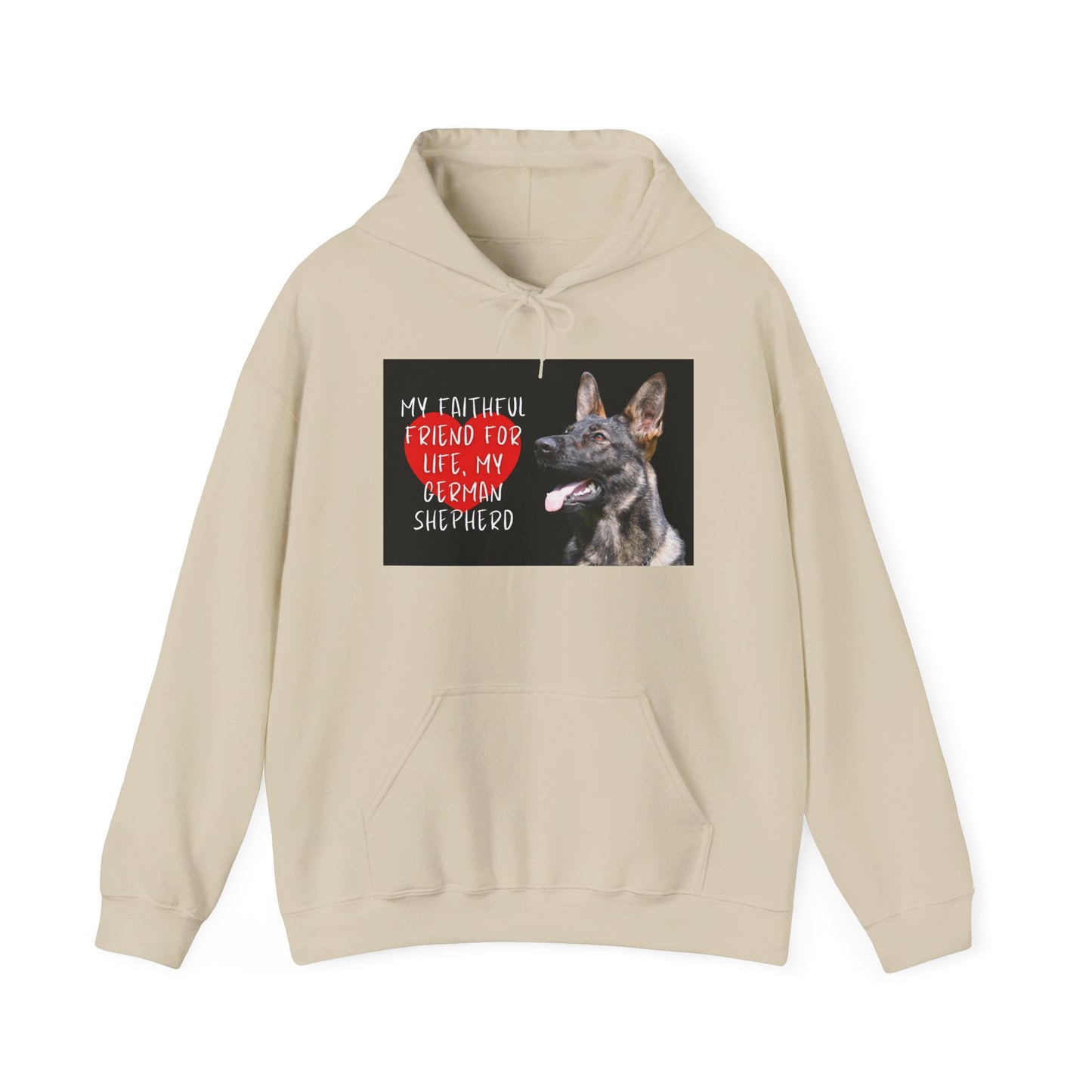Unisex Dog Lover Hoodie With a Working Line German Shepherd and Caption Faithful Friend on Top of Red Heart