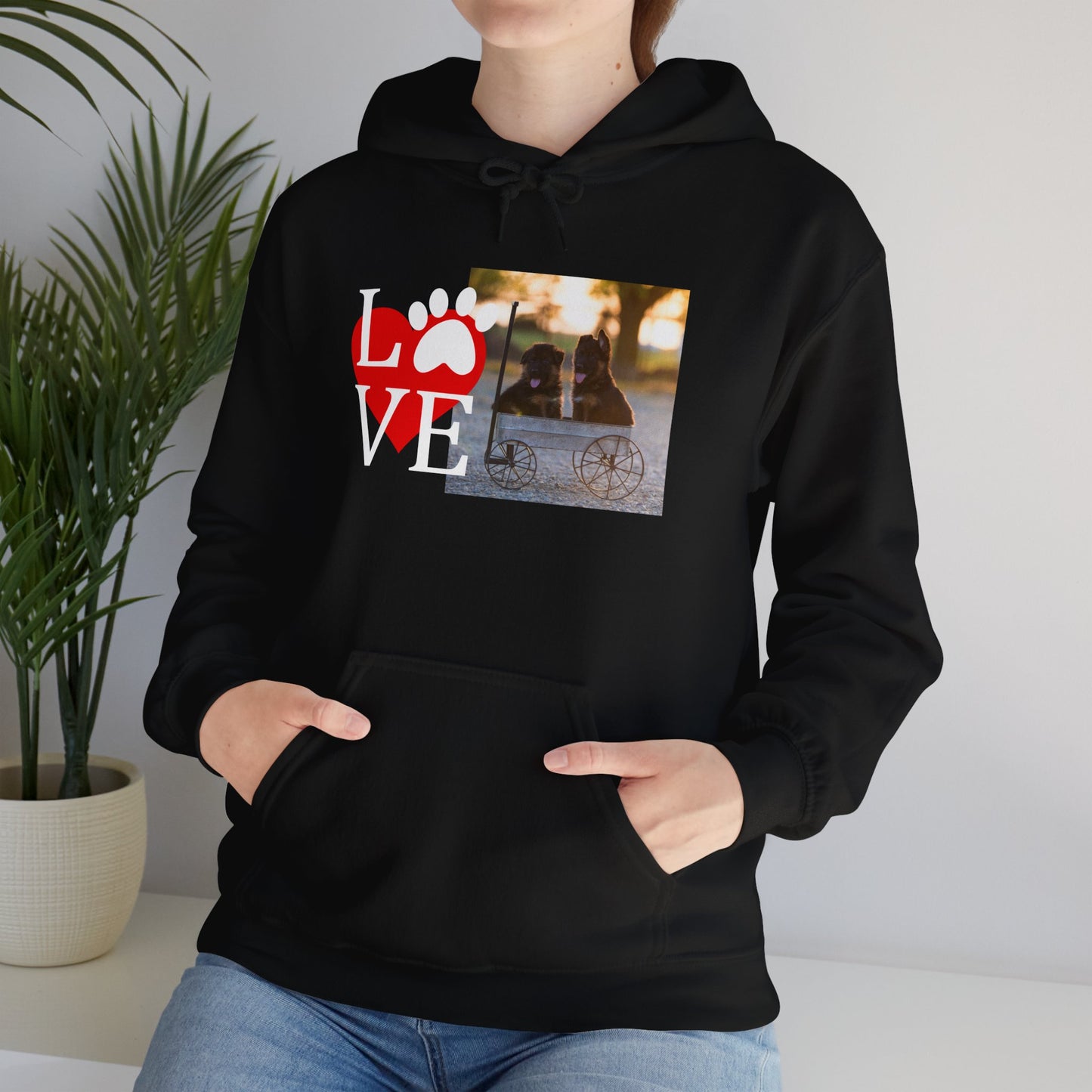 Unisex Dog Lover Hoodie With Two Cute German Shepherd Puppies Sitting on a Cart and Caption Love On Top of Red Heart