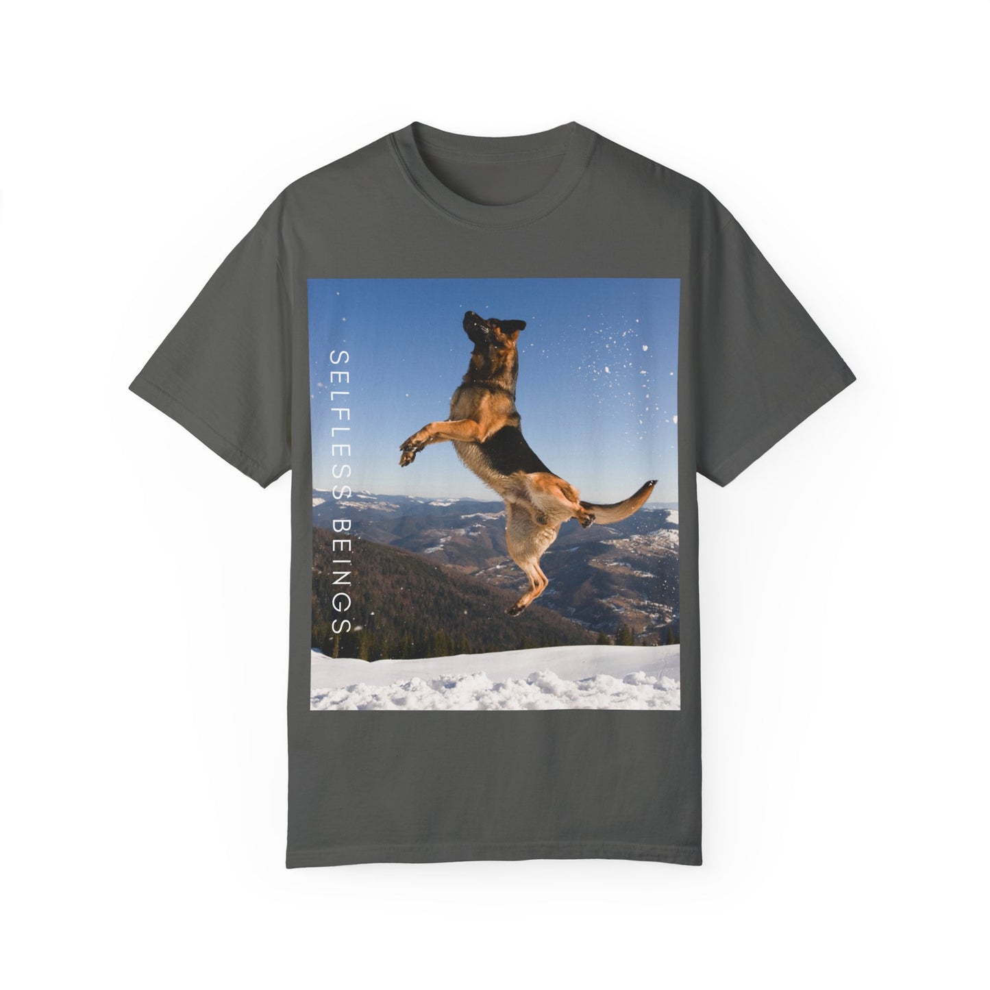 Unisex Dog Lover T-Shirt With a German Shepherd in the Air on Top of Snow Mountain and Caption Selfless Beings