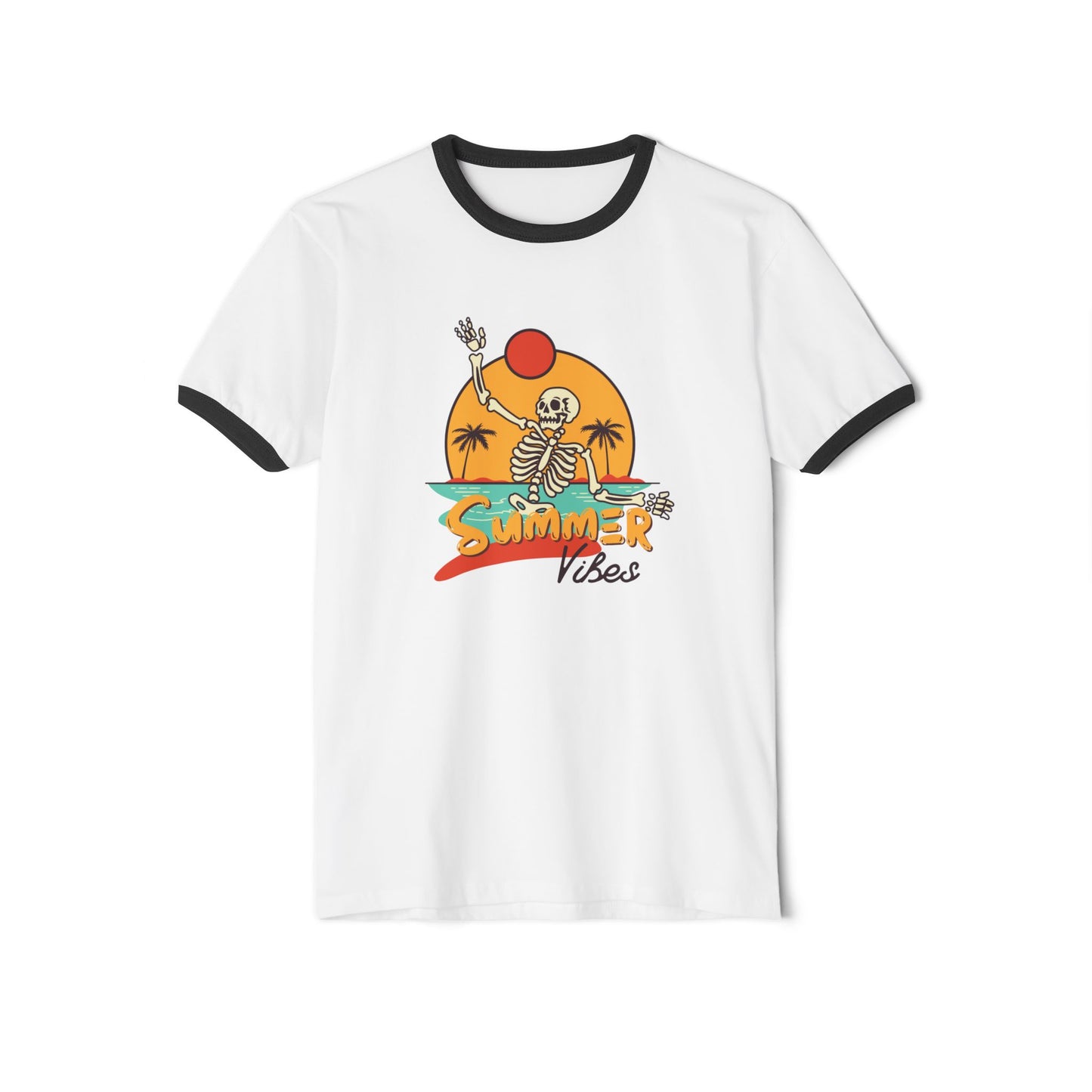 Retro Summer Ringer T-Shirt, Vintage Beach Tee, Skeleton Graphic Shirt, Unisex Casual Wear, Perfect for Summer Vibes