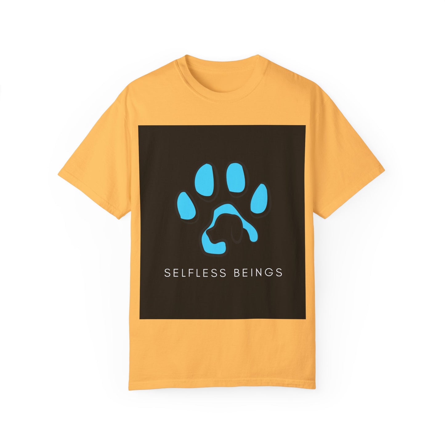 Unisex Dog Lover T-Shirt With Graphic of Blue Colored Dog Paw's Print Whose Metacarpal Contains a Design of Black Dog and Caption Selfless Beings Below