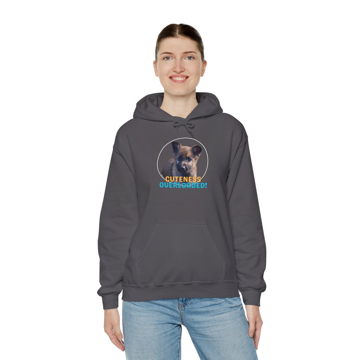 Unisex Dog Lover Hoodie With Cute Sable German Shepherd Puppy and Caption Cuteness Overloaded
