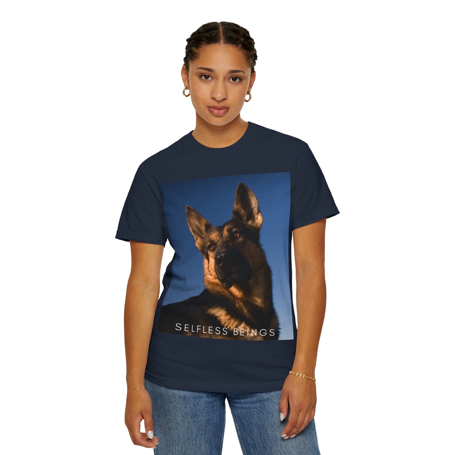 Unisex Dog Lover T-shirt With Close Up Portrait of Giant German Shepherd Turning His Head and Caption Selfless Beings