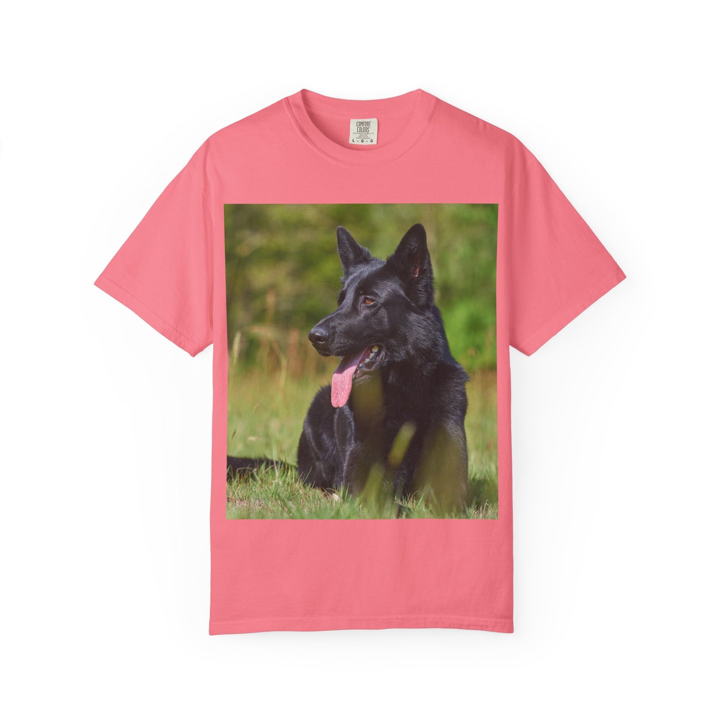 Unisex Garment-Dyed T-Shirt Featuring a Black German Shepherd Resting on Grass Looking Sideways