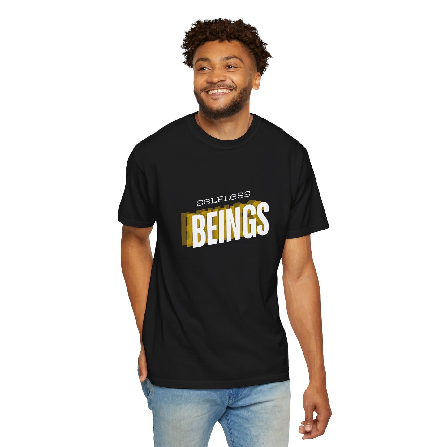 Unisex Dog Lover T-Shirt With Text "Selfless Beings" Designed Using Dark Yellow, Light Yellow and White Colors