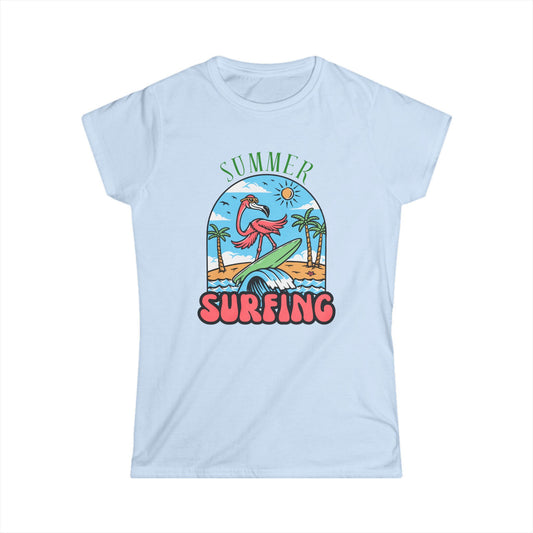Summer Surfing Women's Softstyle Tee, Relaxed Beach Shirt, Surfing Gift for Her, Vacation Outfit, Fun Summer Apparel