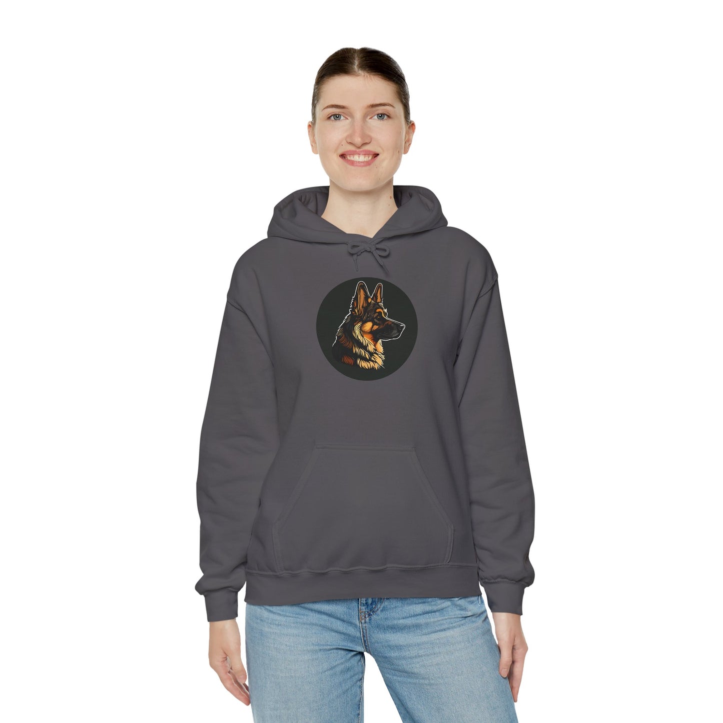 Unisex Dog Lover Hoodie With a Close Up Graphic of a German Shepherd Inside a Black Circle