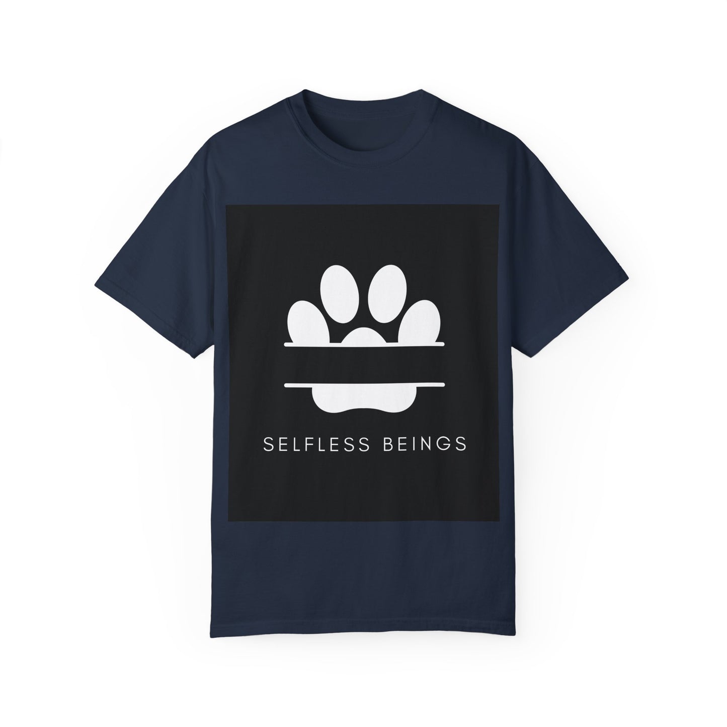 Unisex Dog Lover T-Shirt With Design of Dog's White Paw Print Whose Metacarpal is Split and Caption Selfless Beings