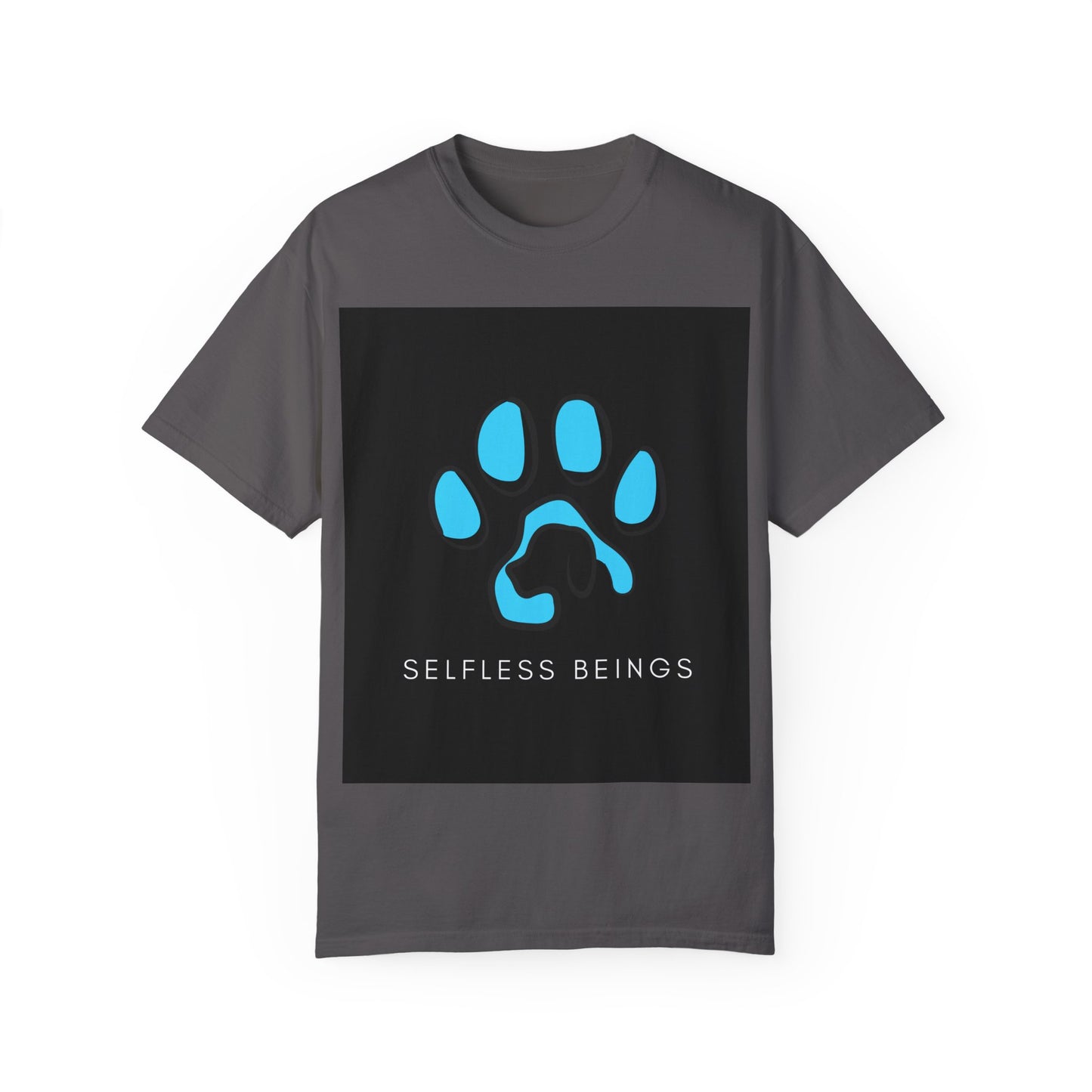 Unisex Dog Lover T-Shirt With Graphic of Blue Colored Dog Paw's Print Whose Metacarpal Contains a Design of Black Dog and Caption Selfless Beings Below
