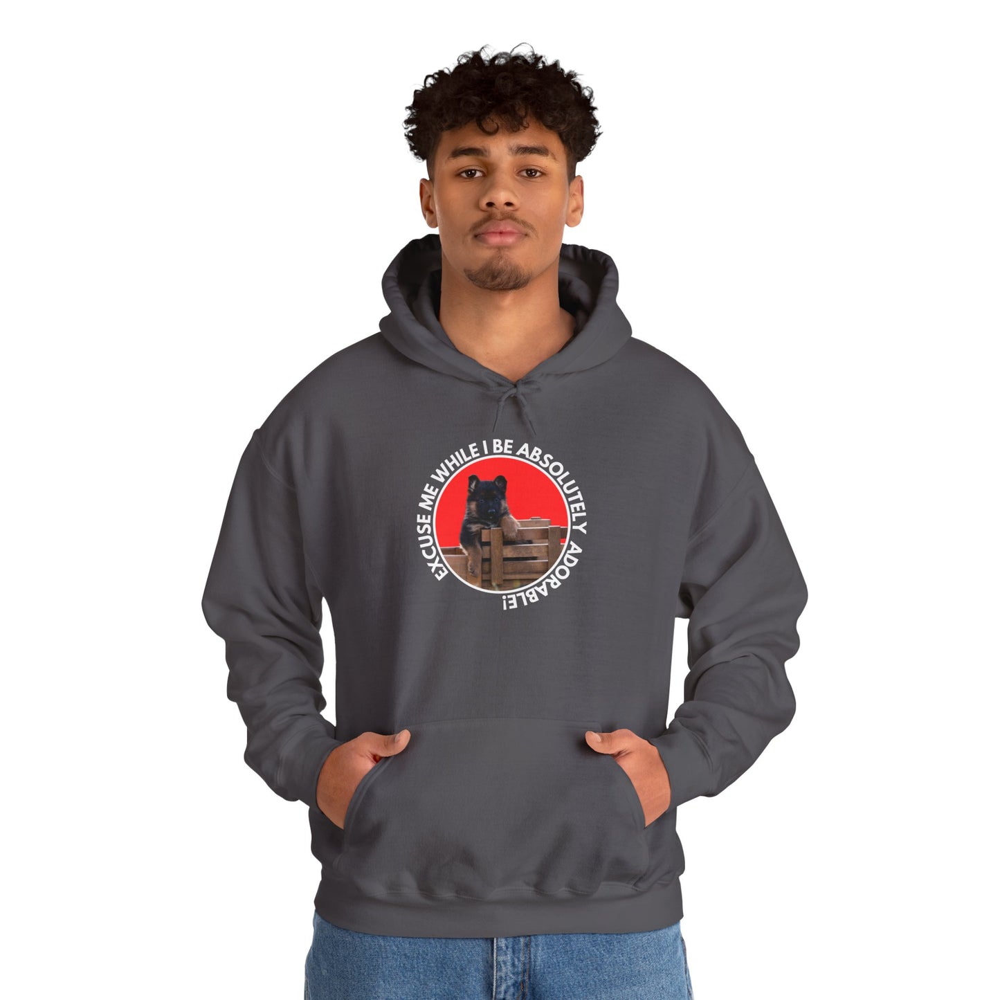 Unisex Dog Lover Hoodie With German Shepherd Puppy Sitting on the Toy Wooden Tractor and Caption Excuse Me While I Be Absolutely Adorable