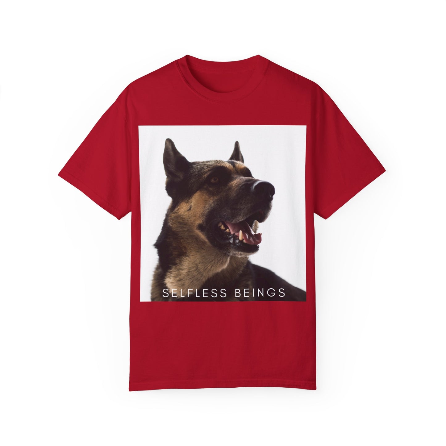 Unisex Dog Lover T-Shirt With Close Up of Large German Shepherd Turning His Face and Caption Selfless Beings