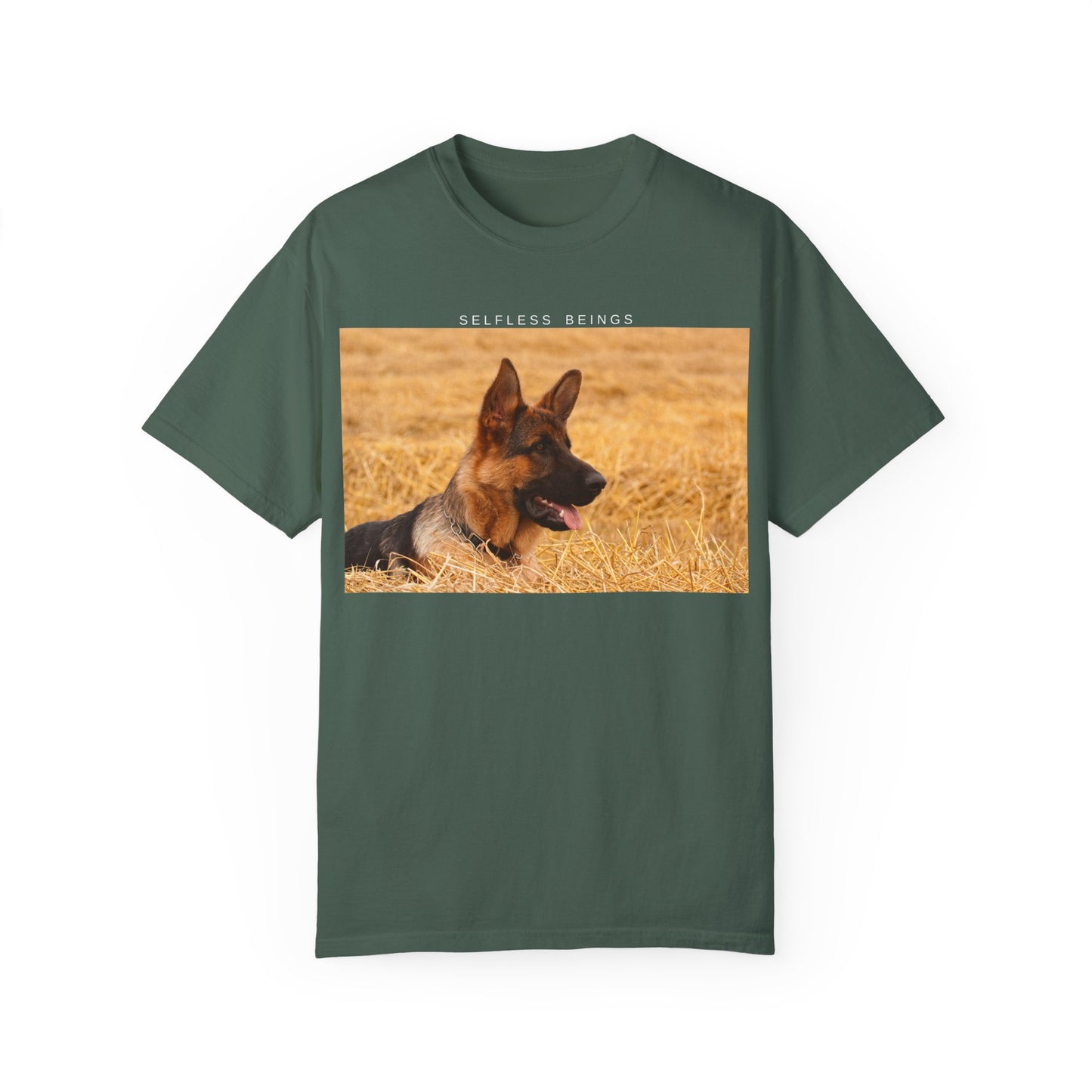 Unisex Dog Lover T-Shirt With a German Shepherd Relaxing on the Long Dry Grass and Caption Selfless Beings
