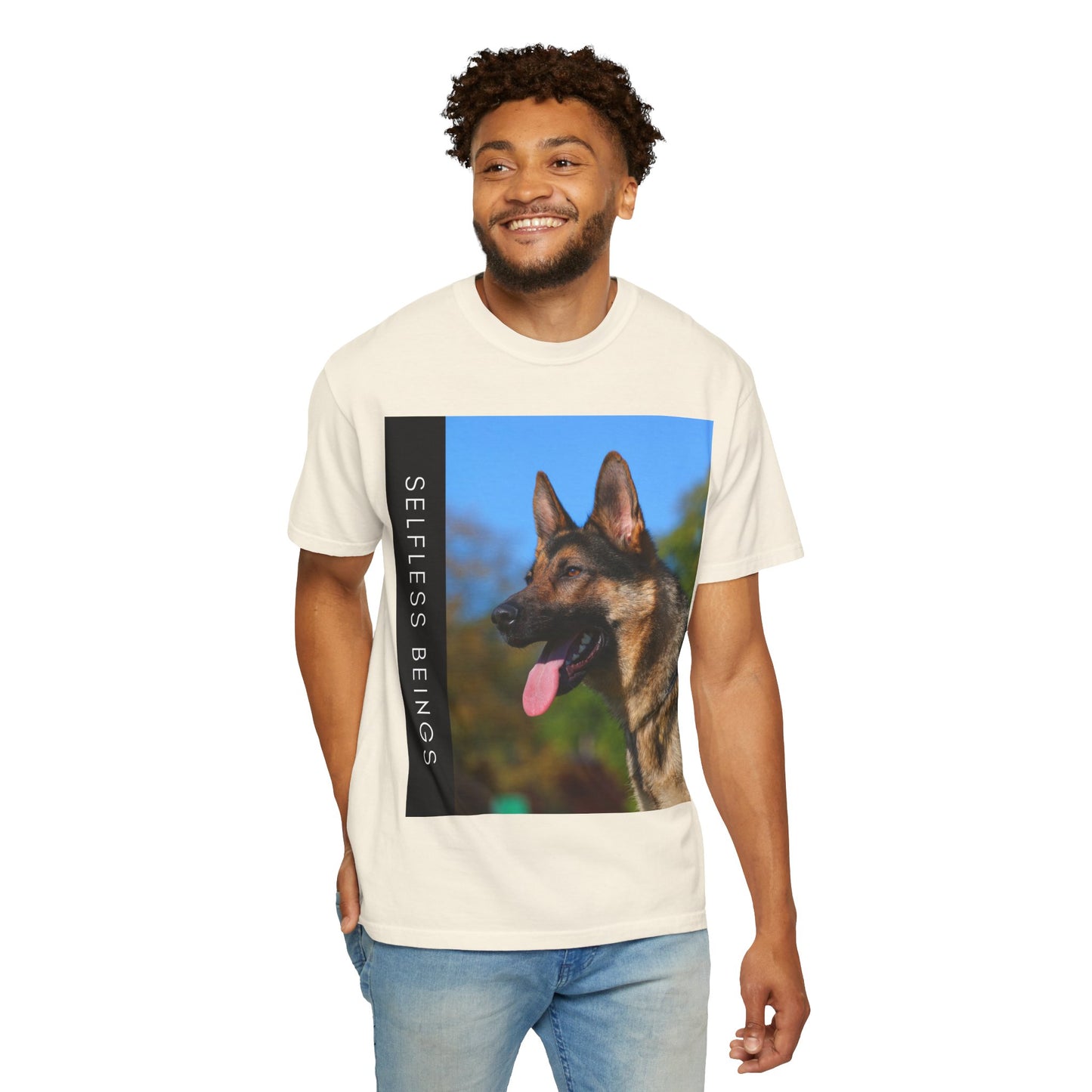 Unisex Dog Lover T-Shirt With a Portrait of a German Shepherd Over Nature Background and Caption Selfless Beings