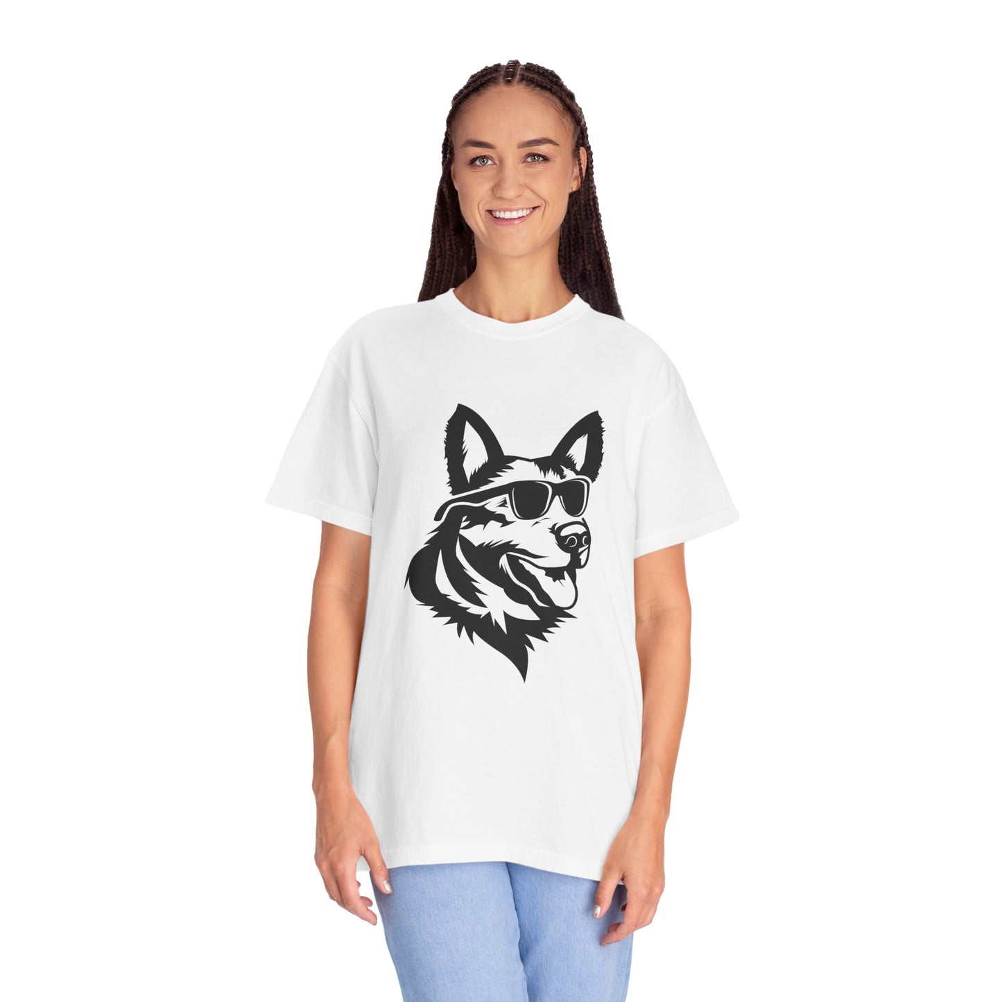 Unisex Dog Lover T-Shirt With a Graphic of Close Up Faced German Shepherd Wearing Black Glasses