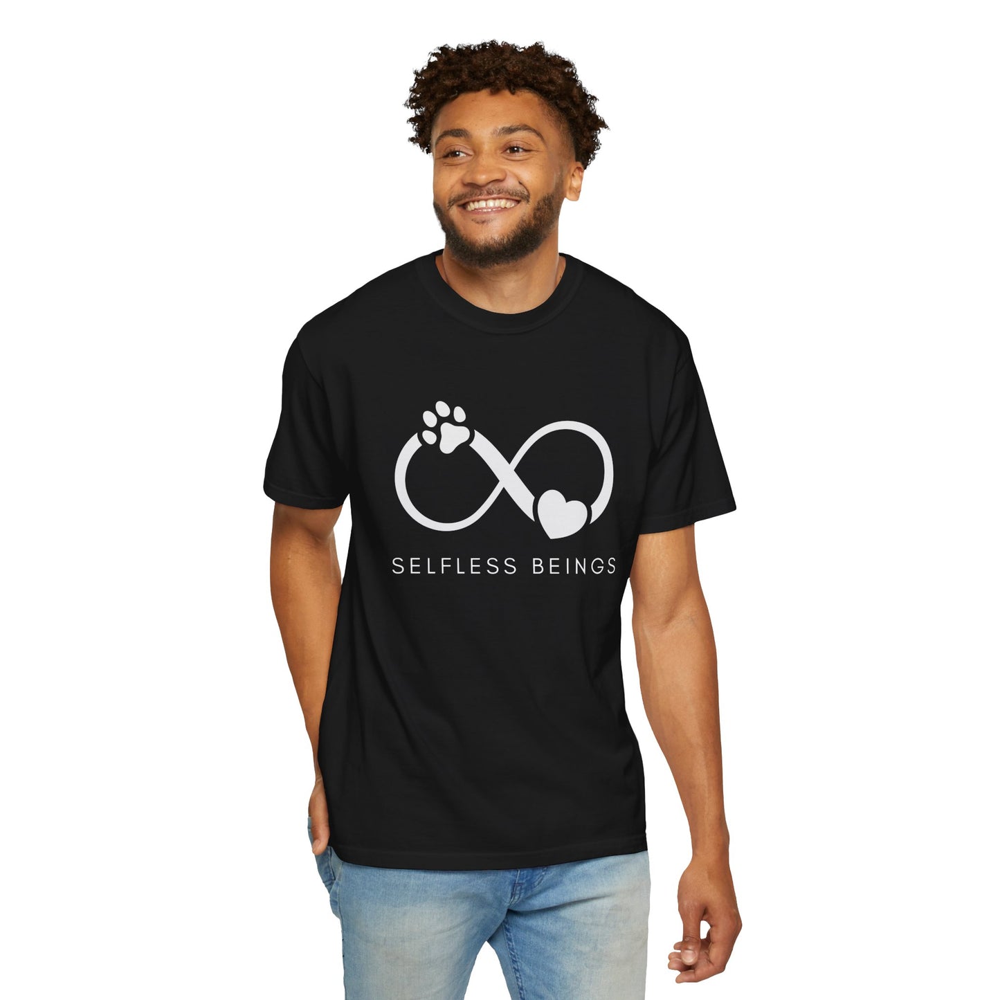 Unisex Dog Lover T-Shirt With Paw Print and Heart on Infinity Symbol and Caption Selfless Beings Below