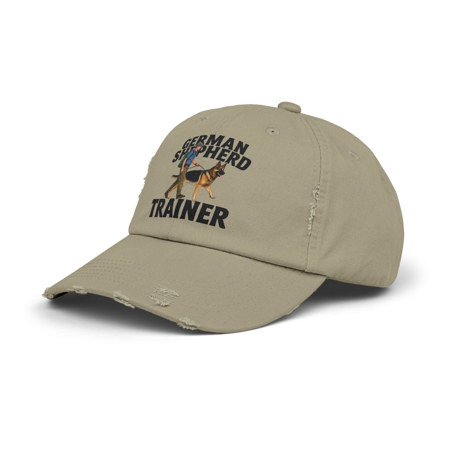 Unisex Distressed Cap Featuring a Trainer Leading German Shepherd, Dog Trainer Gift