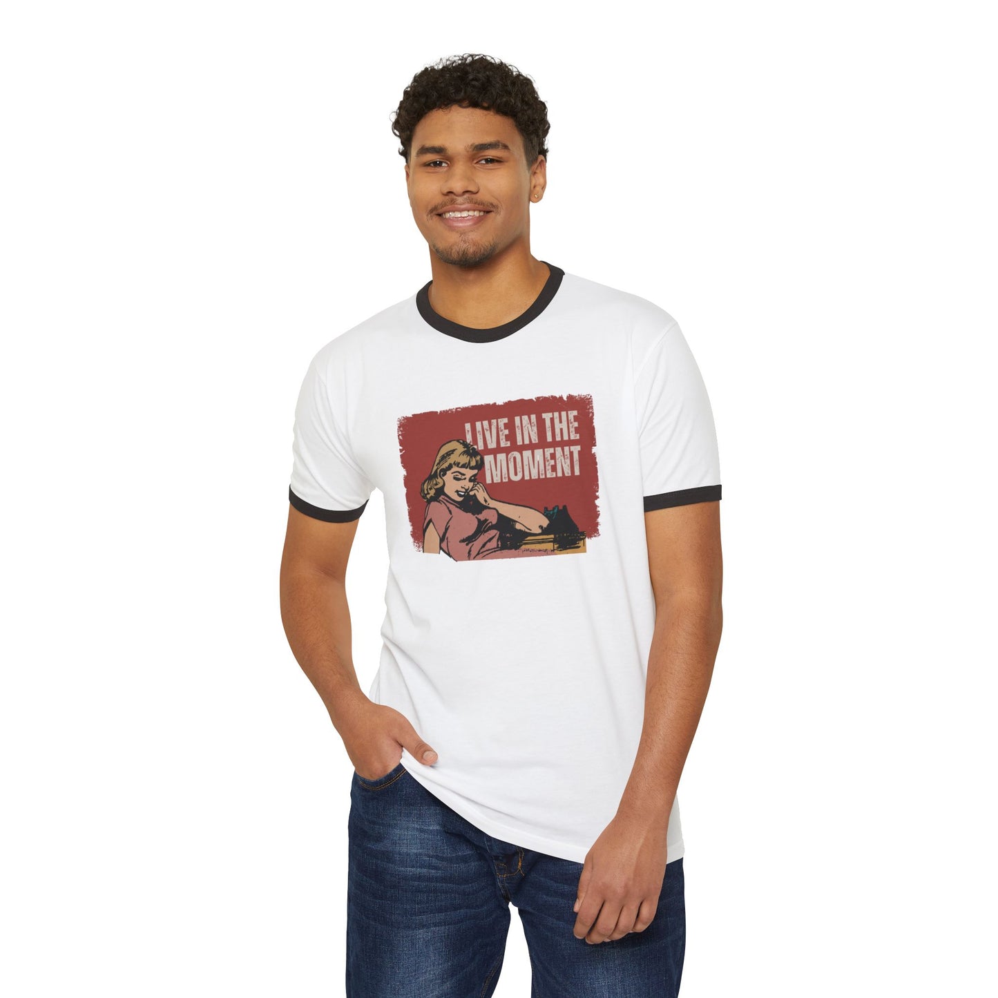 Live in the Moment Unisex Cotton Ringer T-Shirt, Retro Graphic Tee, Casual Wear, Gift for Her, Motivational Trendy Top